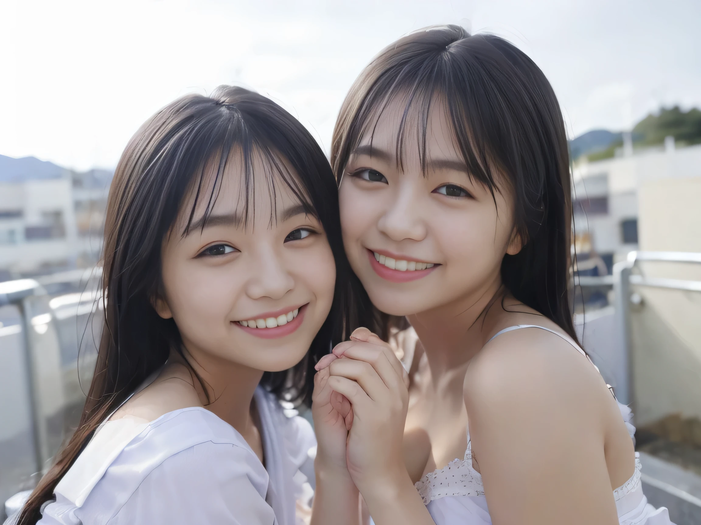 identical twin sisters、(8K, Raw photo, highest quality, masterpiece: 1.2), Super detailed, super resolution, (realistic, real photos: 1.37), (photorealistic: 1.6), Eating lunch on the school rooftop. , Nice views, Cute lunch box, school rooftop, Lunch break, Fashionable school, future city, school of the future, future world, fantastic world, new world, High resolution raw color photos, professional photos, very detailed and beautiful, (Point to the camera), real light (open both hands wide、turn your palms toward you), Please smile so much that you can see your teeth, Beautiful scenery with mixed lights, very elaborate sailor suit, Amazingly cute female proofreader, super cute smile, super cute face, amazing details, red scarf, Highly detailed beautiful girl, different face, One is a ponytail, modern and cute , Highly detailed face Highly detailed eyes, very realistic skin, very thin fingers, very small nose, very knowledgeable mouth, perfect anatomy, very elaborate sailor suit, highly detailed background,after school,。 Lots of smiles, long straight hair, (dull bangs: 1.2), Celebrity level cuteness, high school girl youth (pink eyeshadow)