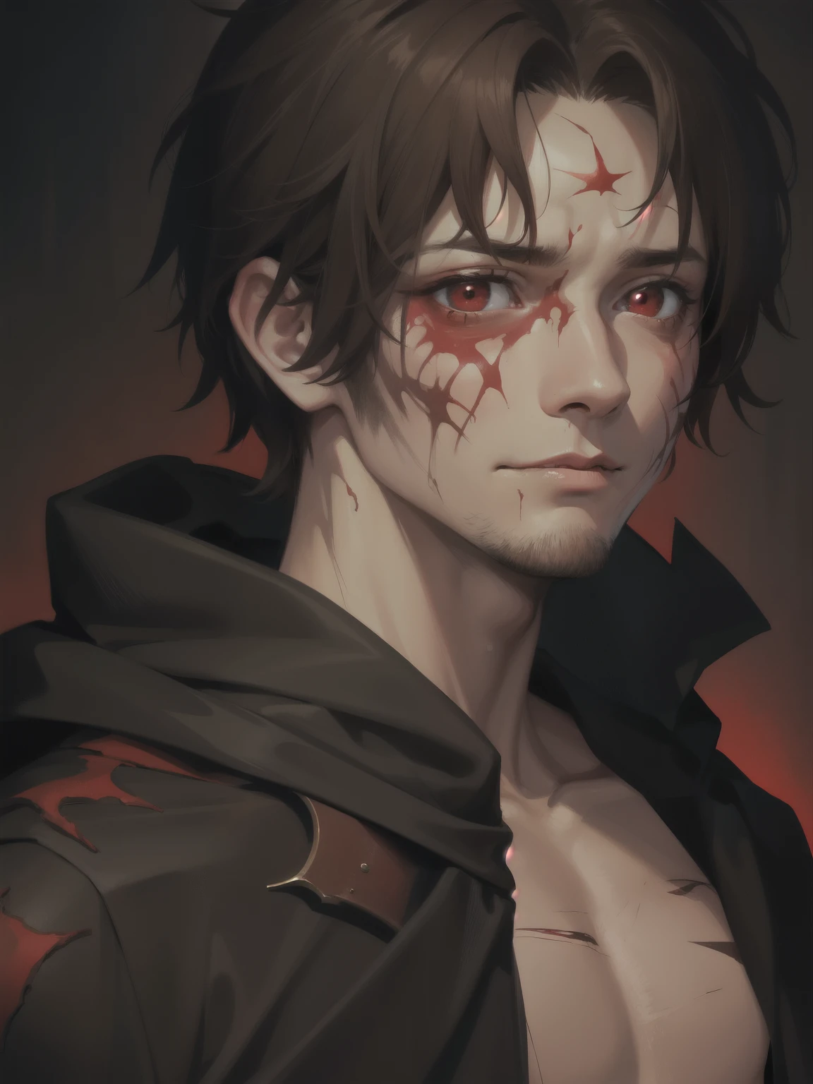 man's face with many, many, many red scars similar to leprosy, several bruises on the face, red marks, brown hair, light brown skin, no beard, red eyes. He is wearing a simple black cloth robe.