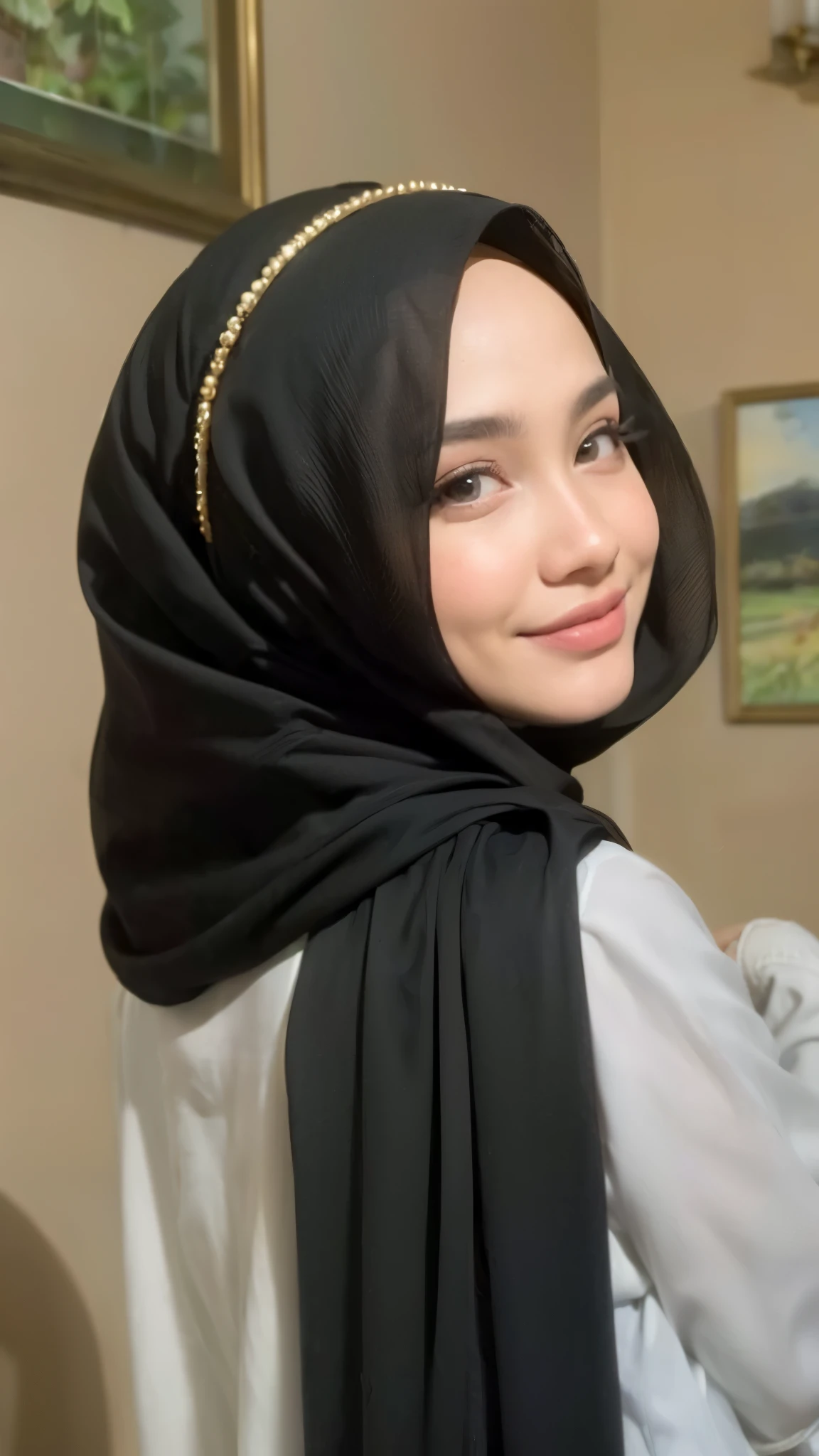 masterpiece, (ultra-high-definition portrait, vignet:1.4), Realistic, extremely detailed, CG unified, 8k, Clean lines, highly detailed, High-definition, raw color photos, she is smiling, Realistic portrait, Cinematic Light, Beautiful detailed, (1hijabgirl, indonesian:1.5), (165cm tall, big breasts with lips like he wants to kiss:1.5), Beautiful big breasts, breasts details, very tight, (Biggorgeous breast, Fish gape:1.5), (fish gape, Big Breast:1.4), Close up of a girl in Beautiful clothes with errected nipple, biggorgeous breast, Soft smile, scarf, (Bombastic Side Eyes with curvaceous body:2), pose 4 of 1 6, Undress, No bra, (nipples that are clearly sticking out detail:1.2), Outdoors, high intricate detailed.