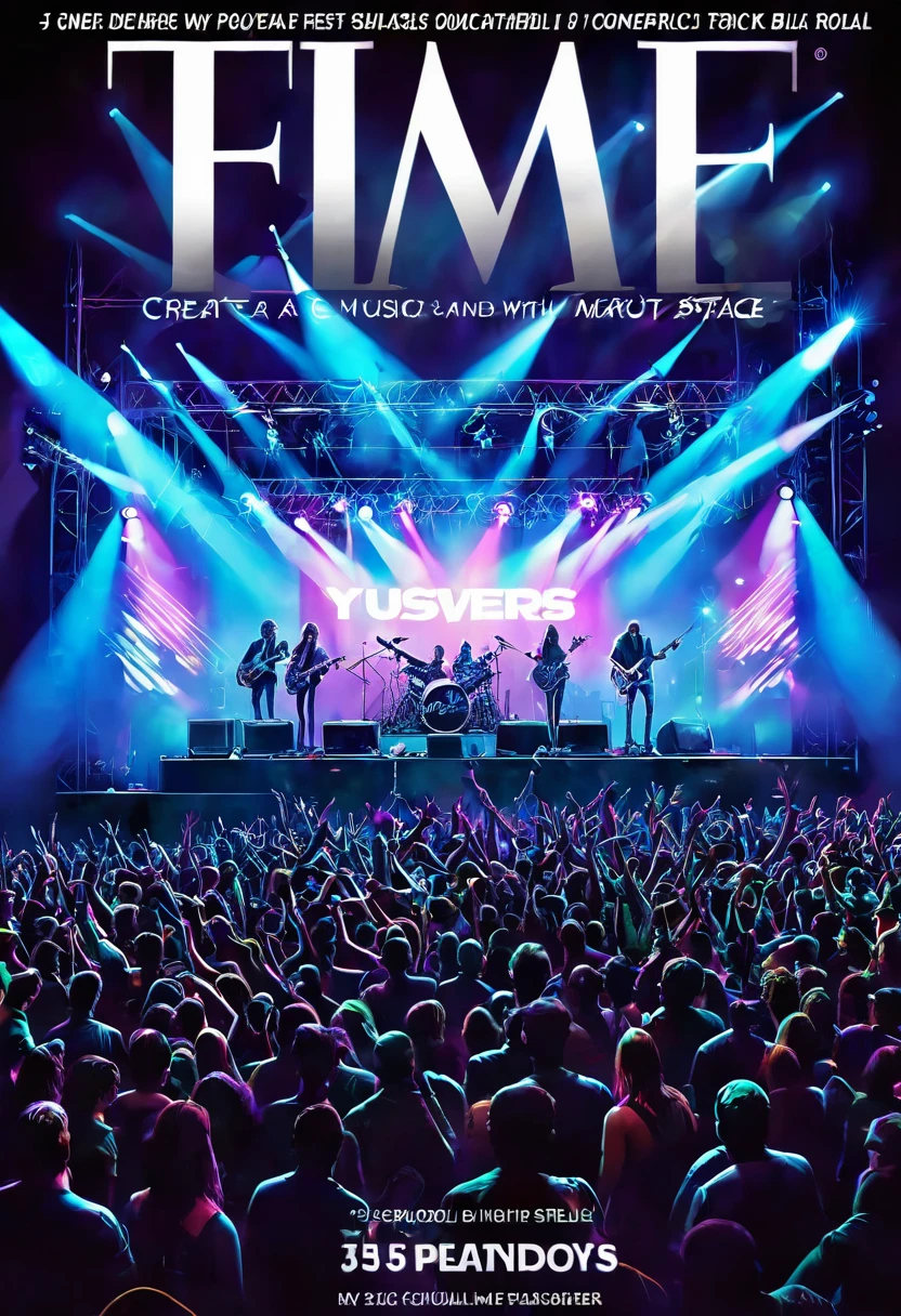 ((create a music and concert magazine cover:1.5, lots of people lights stage with a band playing, epic:1.4)), ((flashy and colorful cover:1.5)), ((Imaginative scene)), (( title on cover, (Rock Concert:1.3))),((highly detailed: 1.4), ((Masterpiece)), (Hyper-detailed and beautiful: 1.3), (Photorealistic: 1.4), 32k.