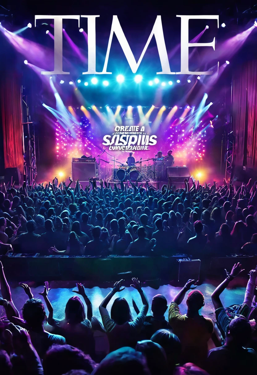 ((create a music and concert magazine cover:1.5, lots of people lights stage with a band playing, epic:1.4)), ((flashy and colorful cover:1.5)), ((Imaginative scene)), (( title on cover, (Rock Concert:1.3))),((highly detailed: 1.4), ((Masterpiece)), (Hyper-detailed and beautiful: 1.3), (Photorealistic: 1.4), 32k.