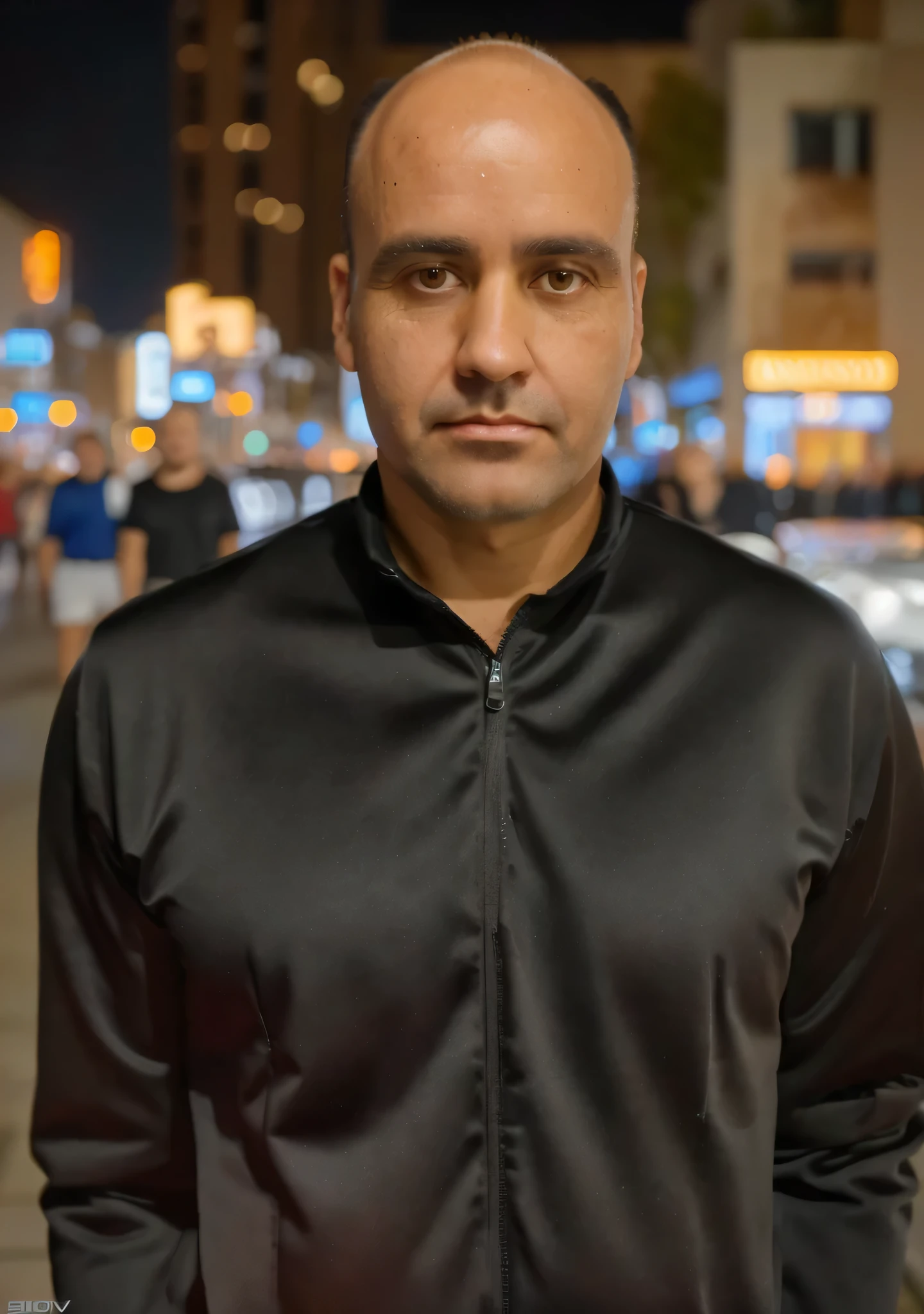 a man approximately 40 years old, brown eyes and hair, almost bald hair, intricate details, (best quality, 4k, 8k, high resolution, masterpiece: 1.2), ultra detailed, (realistic, photorealistic, photorealistic:1.37), closeup face photo of caucasian man in black clothes, night city street, bokeh
