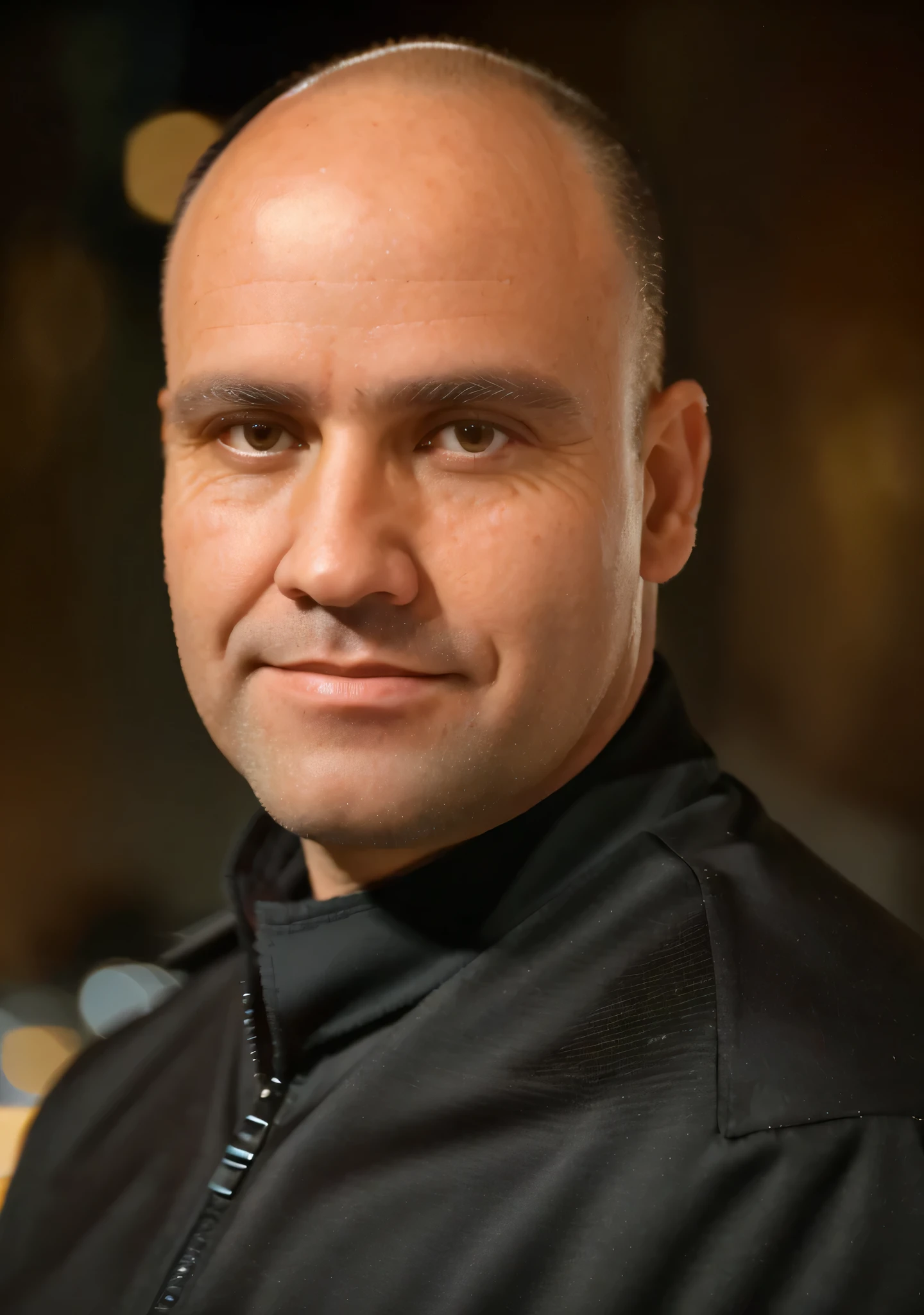 a man approximately 40 years old, brown eyes and hair, almost bald hair, intricate details, (best quality, 4k, 8k, high resolution, masterpiece: 1.2), ultra detailed, (realistic, photorealistic, photorealistic:1.37), closeup face photo of caucasian man in black clothes, night city street, bokeh