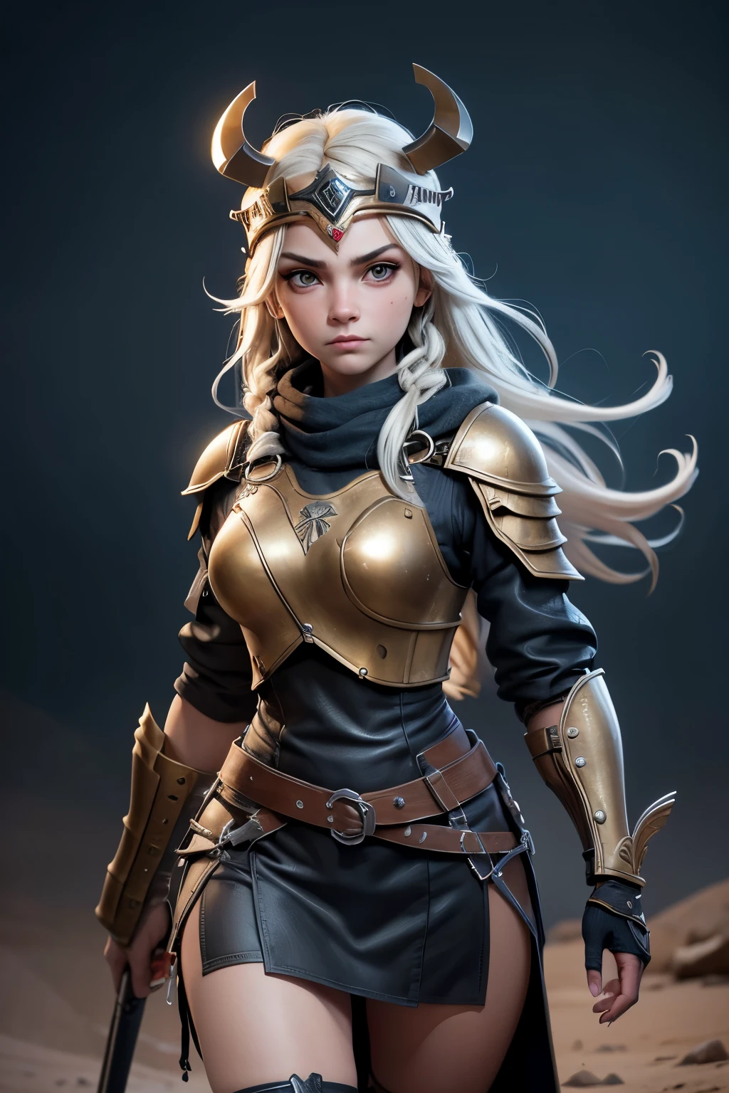 (cuerpo completo), guerrera vikinga, bellisima de ojos verdosos, con sus trenzas rubias largas, su casco de hierro y su correaje y protectores de metal, que dejan entrever un vestido sucio y rasgado con su minifalda sexy, En el fragor de la batalla, stands in a war zone walking dynamically with a frown., iluminacion de la hora dorada, (intrincados detalles de la maquina).imagen fotorrealista,nitidez maxima, calidad 8k.(obra maestra de calidad superior).