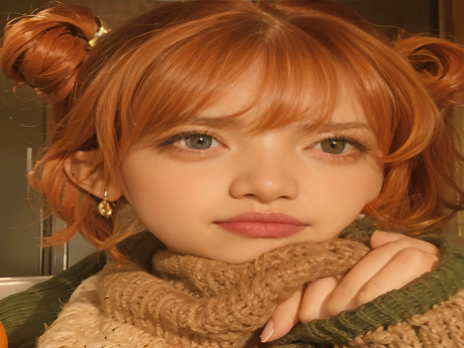there is a woman with red hair and a sweater posing for a photo, lavabo sadie, bright ojos naranjas, glowing ojos naranjas, cabello rizado color cobre, Lalisa Manobal, ojos naranjas, pelo naranja, Bright amber eyes, she has long redpelo naranja, con pelo rojo y ojos verdes, retrato suave 8 k, con pelo rojo rizado, flequillo esponjoso