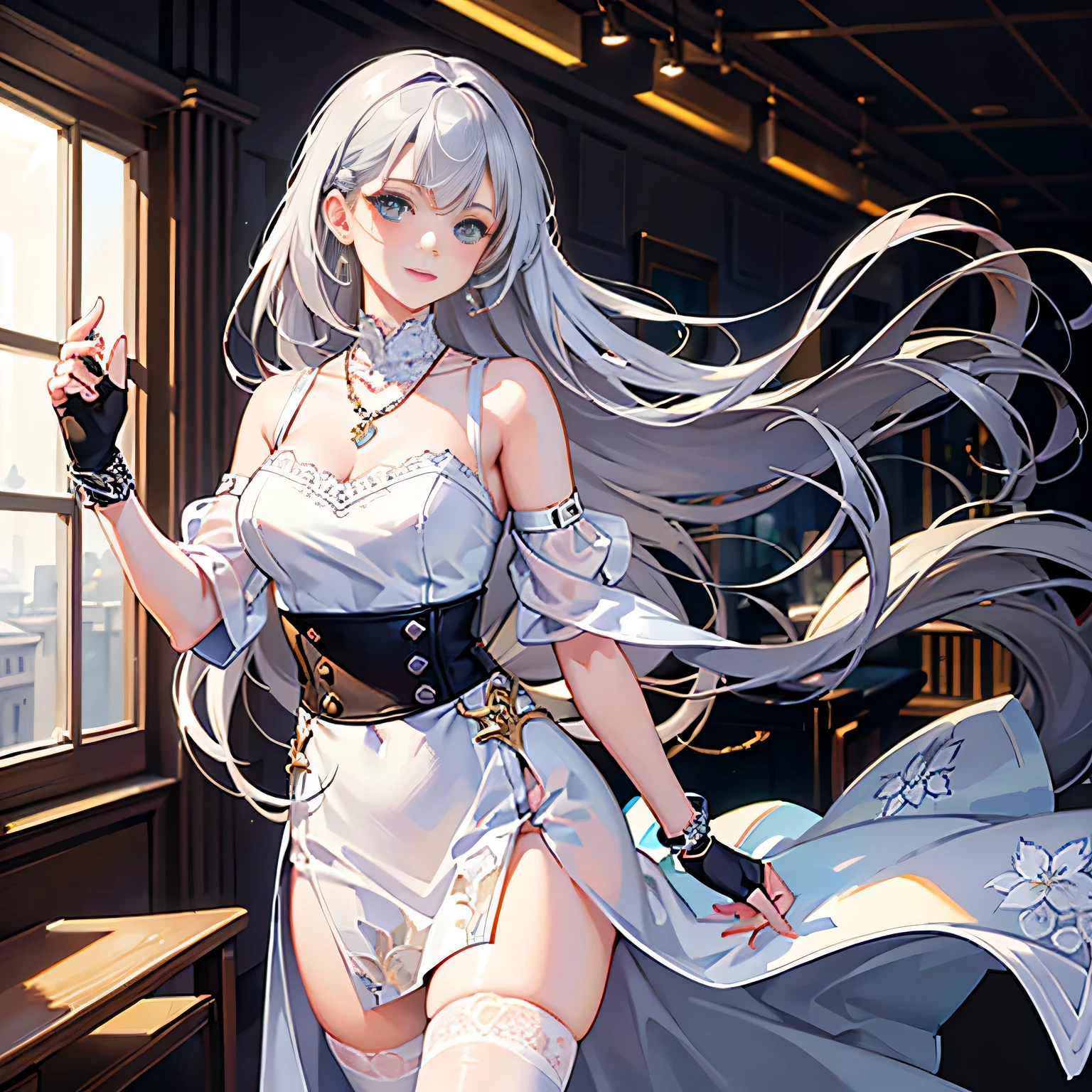 dynamic angle,(1 girl), ((masterpiece:1.4, highest quality)), ((masterpiece, highest resolution)), (beautiful illustrations),(Beautiful semi-long silver hair),cute office lady,  (white blouse, Elegant flared skirt with flower print), (looking at the viewer),
 innocent smile, white over knee high,lace chalk, Wristband, fingerless gloves, over knee high,
lace chalk, diamond necklace,Wristband, fingerless gloves, earrings,
Day, the wind is strong,cinematic lighting,
red light district,