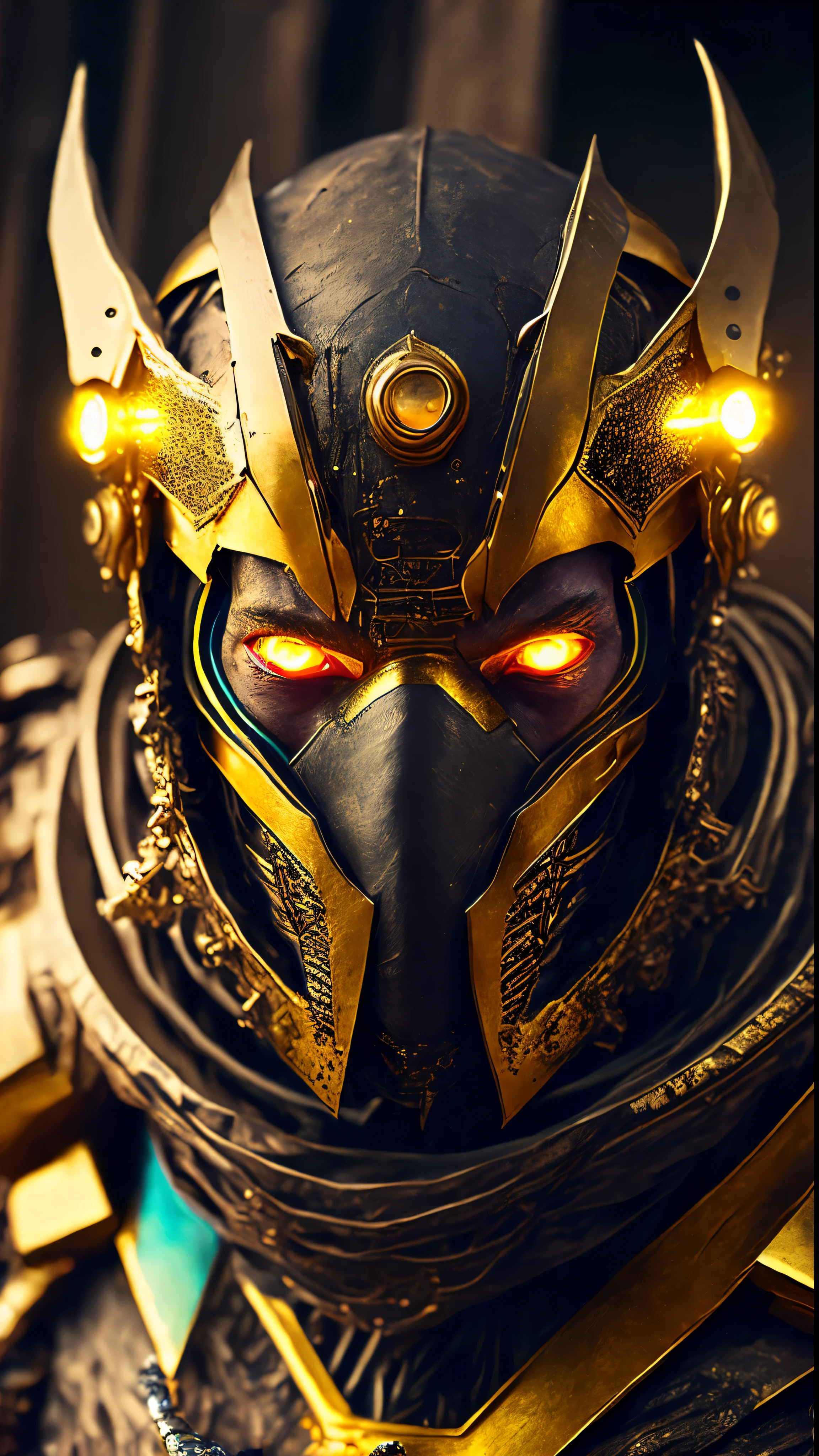 breathtaking cinematic science fiction photo of a portrait of a non human masked Grim wrapped in gold chrome metal skin, body full glowing metrics inside, glowing multicoloured eyes, multifaceted eyes, metallic arms, inside a destroyed building, extremely menacing creature, highly detailed, award-winning