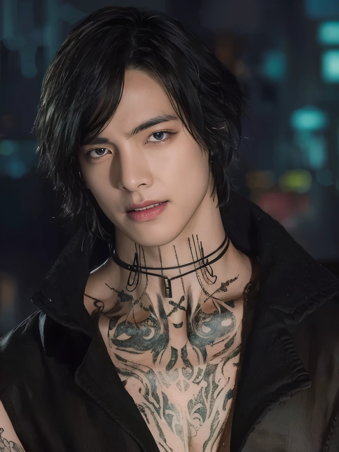 un primer plano de una persona con un tatuaje en el pecho, v del diablo puede llorar como un elfo, inspirado en Yamagata Hiro, Sebastian Michaelis, Dante de Devil May Cry, tendencia en artstationhq, dante, retrato de alta calidad, johan liebert mezclado con dante, Dorian Cleaver, inspirado en Oliver Sin
