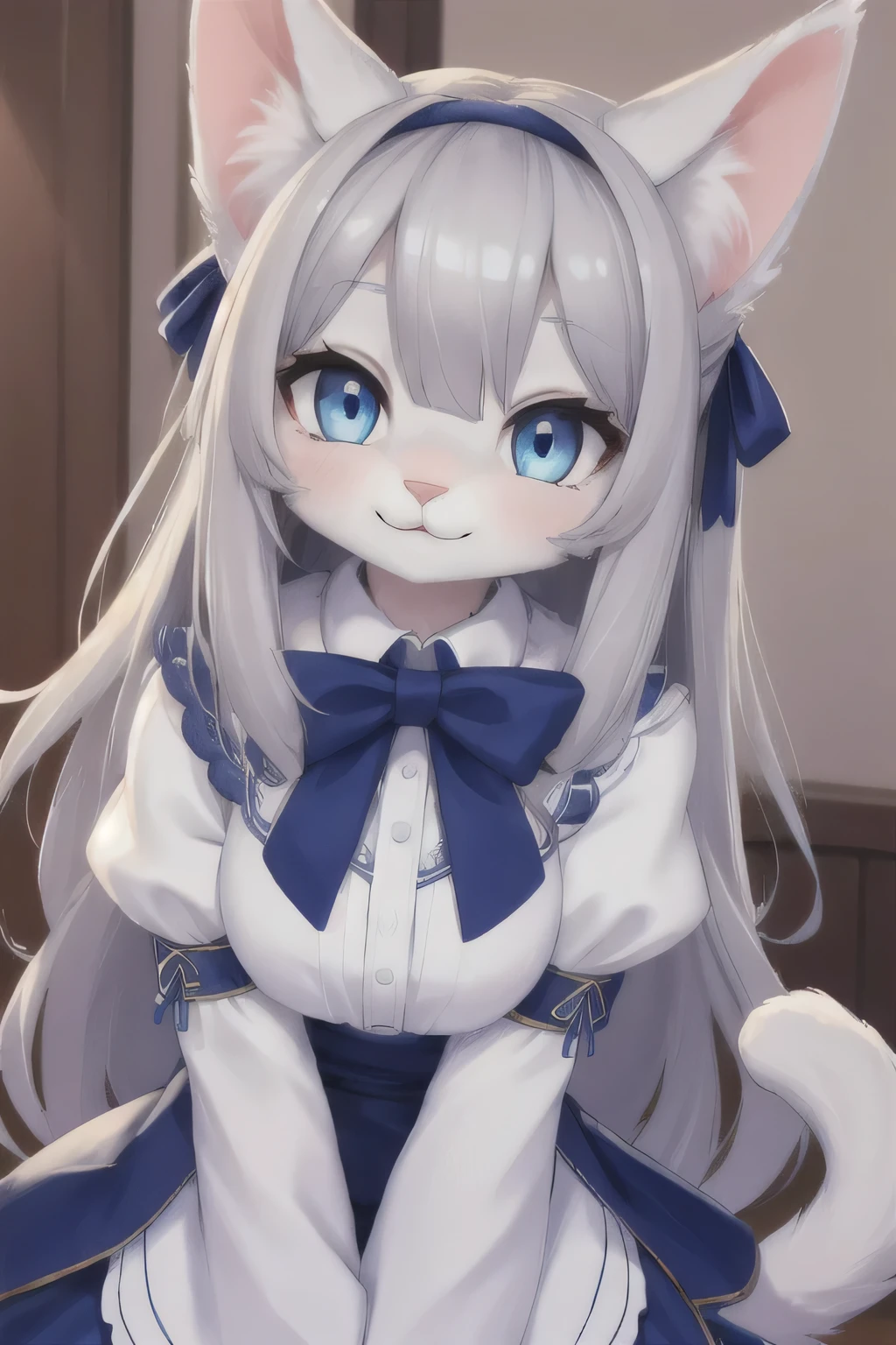 (hi reasterpiece)) , ((best quality)), illustration, furry, 
cat, animal ears, tail, bodyfur, 1girl, POV, upper body, 1girl, solo, long hair, gray hair, *//*, blue eye, *//*, white blouse, looking at viewer, smile,