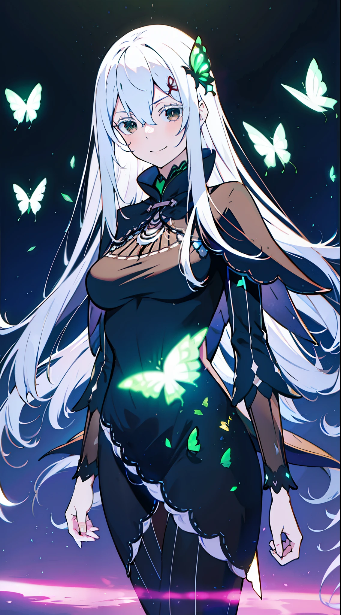 confused, High resolution, Super detailed, echidna, brown eyes, medium breasts, butterfly hair ornament, (colored eyelashes:1.1), capelet, black dress, long sleeve, looking at the viewer, evil smile, another world color, surreal landscape, invisible light, fantastic shine, neon green glow, bright colors, ghostly effect