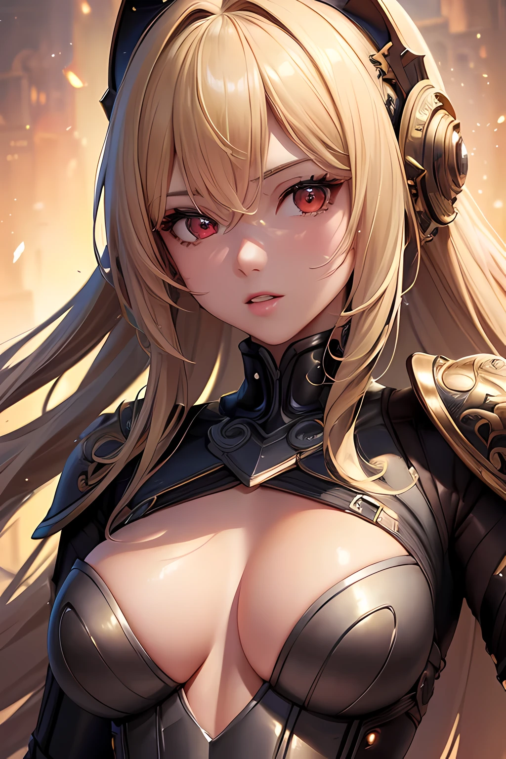 highres, ultra detailed, (masterpiece, top quality, best quality, official art, beautiful and aesthetic:1.2), (ultra-detailed background, detailed background), extremly detailed, ultra detailed face, ultra detailed eyes, 1girl, blonde, haven trooper, 1girl, solo, bodysuit, red eyes, armor, gloves, breasts, looking at viewer, glowing eyes