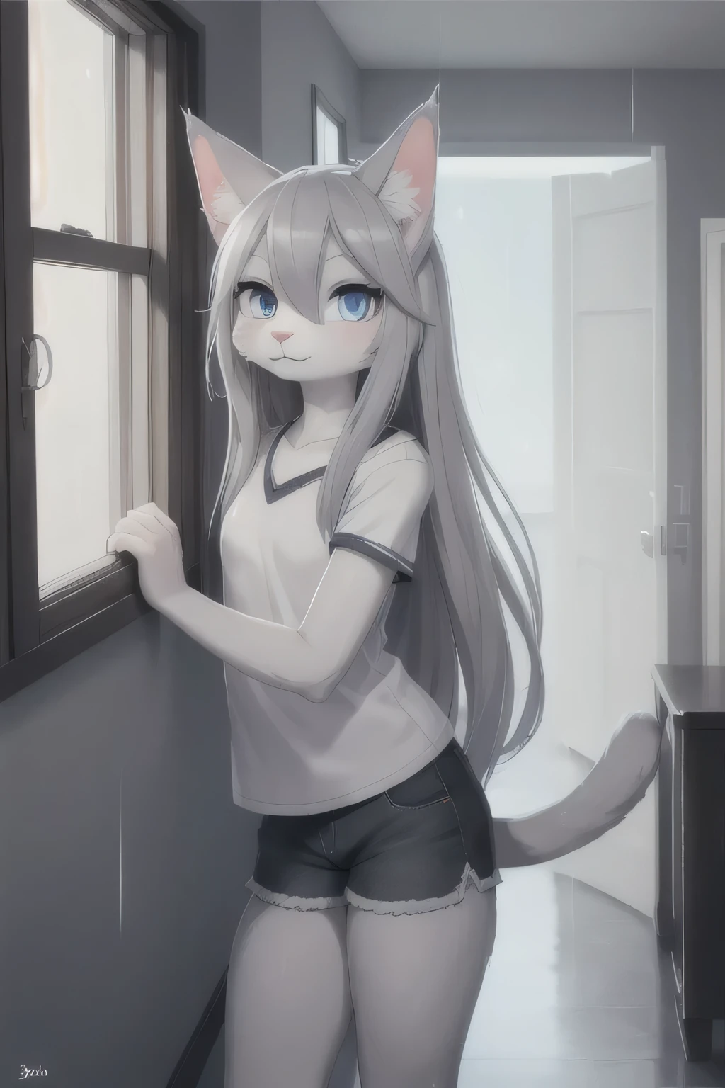 anthro girl cat, long hair, cat tail, solo, furry, furry girl, (kid, gray fur, gray body, blue eyes, gray hair:1.2), (black t-short, shorts), (detailed background, window, room, day, summer, storm, street, rain, gray background)