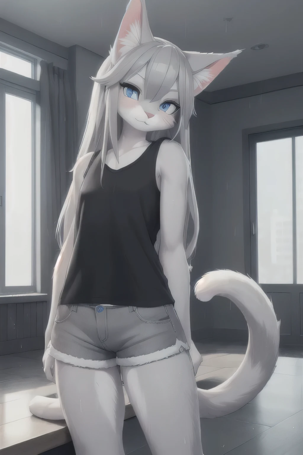 Nervous smiling, uploaded the e621, beautiful and detailed, man (((male))) ((anthro)) Cat, (Cat boy), by bunnybits, cinematic lighting, Cat, (anthro, fluffy fur, character focus:1.1), 1boy, anthro cat boy, body fur, gray fur, gray body, gray hair, long hair, curvy, sexy, nice, cute, hot, digital drawing, (half-closed eyes), blue eyes, black t-short, collar, penis, nude, naked