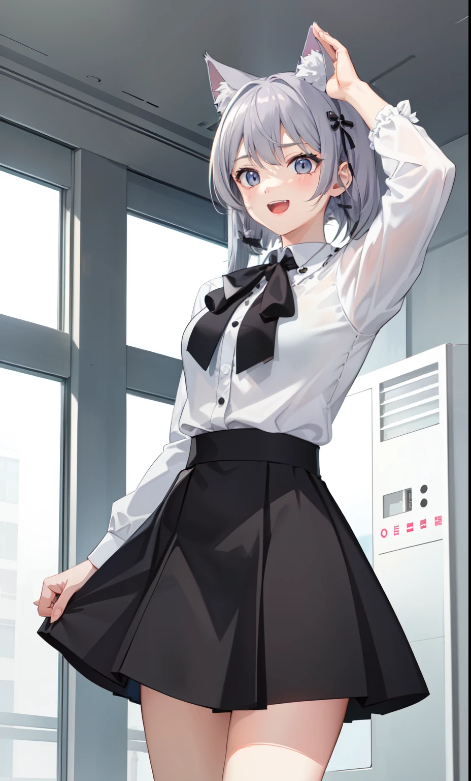 1 girl、laughter、shirt、blouse、skirt、（）I play、movement、（gray hair）、Cat ear、