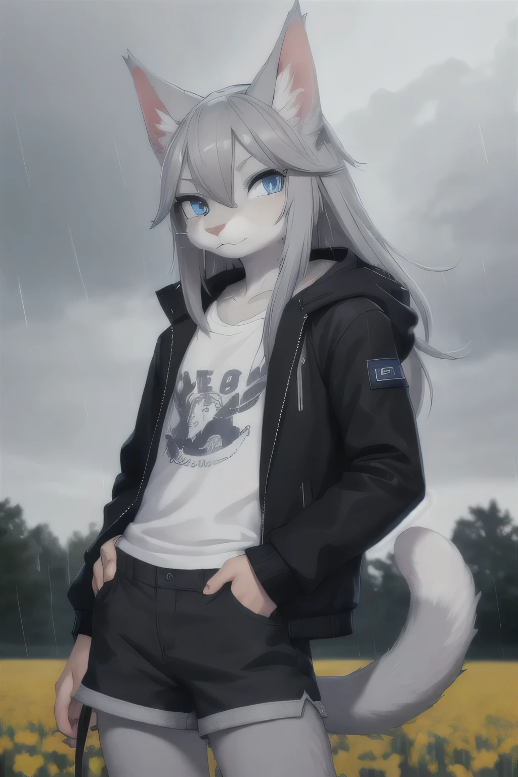 anthro boy cat, long hair, cat tail, solo, furry, furry boy, (girly, young, gray fur, gray body, blue eyes, gray hair:1.2), (black shorts, t-short, jacket, black clothes), (detailed background, cornfield, wind, day, summer, storm, rain, gray background), pose, hand on leg