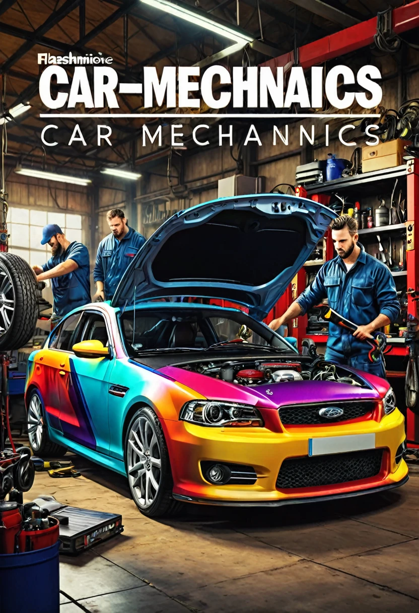 ((create a magazine cover with title and text about car mechanics:1.5)), epic:1.4, ((flashy and colorful cover:1.5)), ((Imaginative scene)), ((title on cover, (mechanics automotive:1.5))),((highly detailed: 1.4), ((Masterpiece)), (Hyper-detailed and beautiful: 1.3), (Photorealistic: 1.4), 8k.