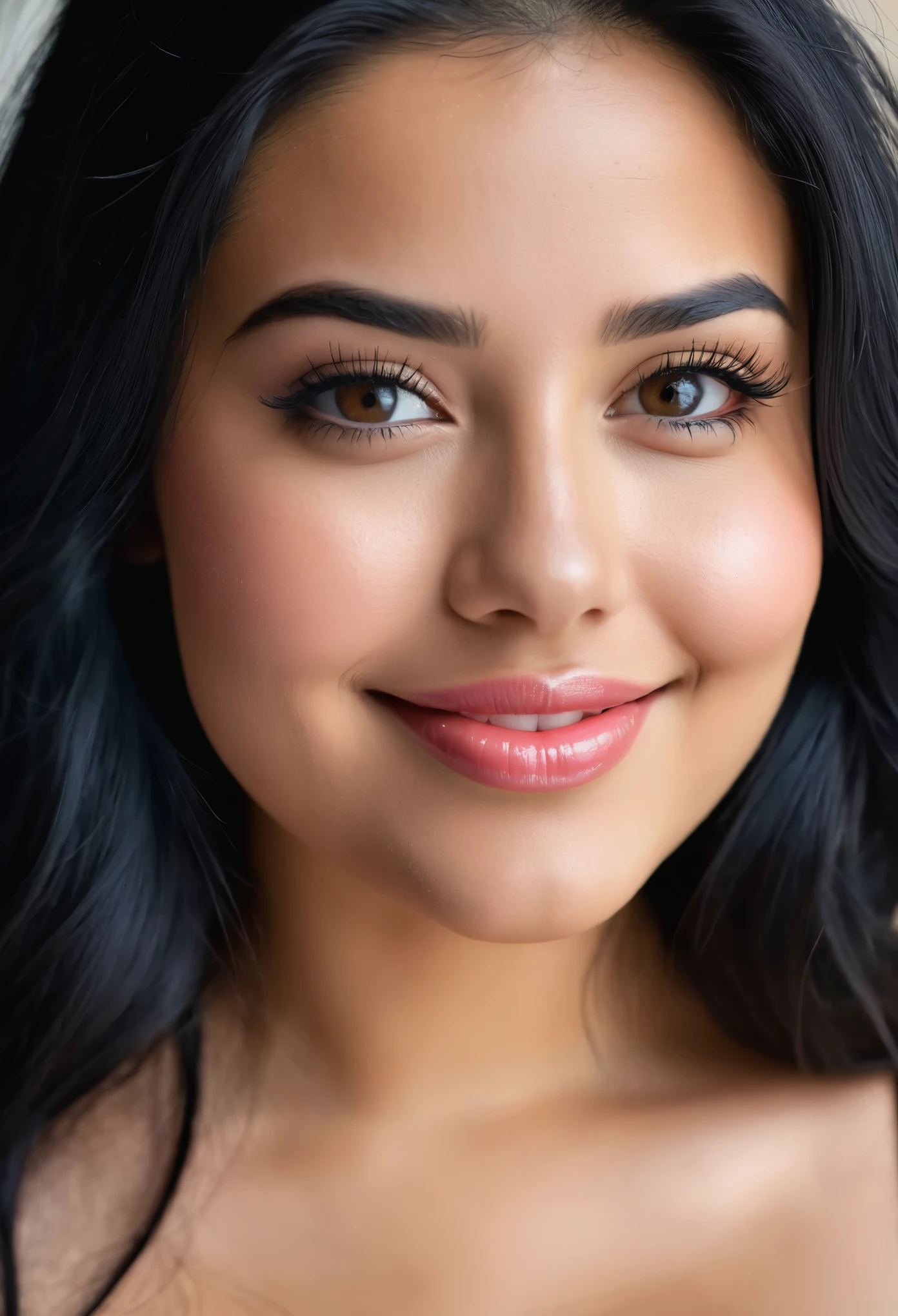 A beautiful young 28 years old girl unmarried, but having sexy curves she’s having dimples on her cheeks. She’s looking at the camera and smiling. She’s having long black hair. Her black eyes are seductive. Also, her lips are seduced. The background of the images is vibrant and cool the realistic image.