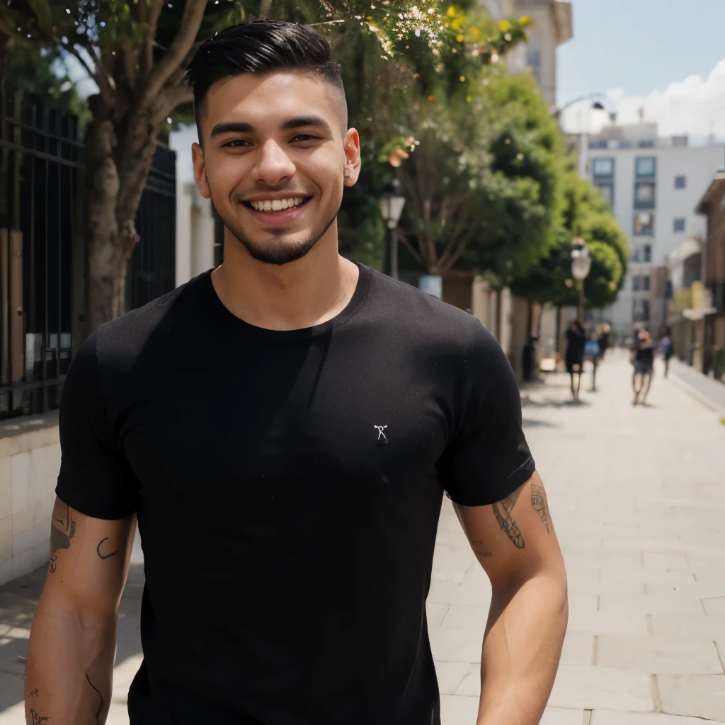 24 year old young man wearing a plain black t shirt, he is athletic and latino with fade hair, and freshly cut padlock beard, cheerful and smiling attitude, background a city on a sunny day