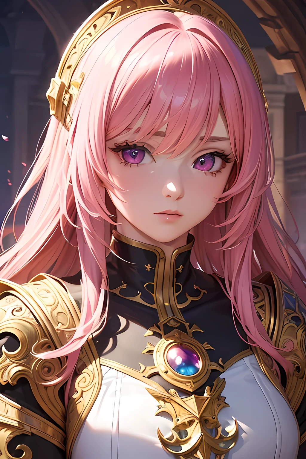NSFW, masterpiece、highest quality、Ultra-high resolution、Maximum resolution、very detailed、Professional Lighting、anime、Adult women、thin、so beautiful、Beautiful face、Suffering face、Armored Dress、Pure white full-plate armor、Shiny Armor、Golden decoration、Gorgeous tiara、Golden earrings、Frilly Armor、Pink Hair、Golden Eyes、Pink Lips、gold belt、Cape、Being strangled、cave、Attacked by Goblins、( Number of Goblins: 1.1)、(((鎧は壊れている:1.5)))