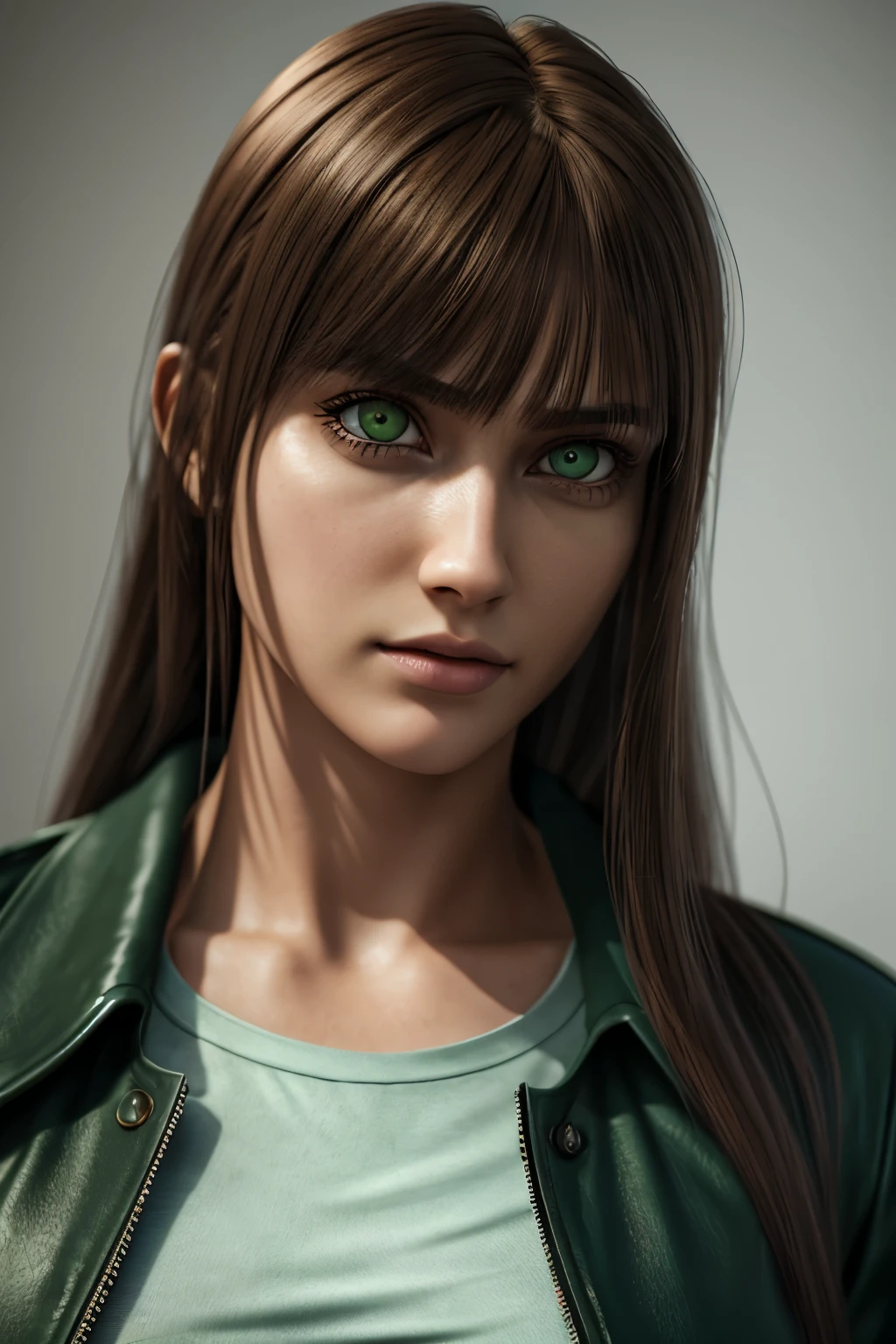 t-shirt, coat, , (Photorealistic:1.4), (Best quality:1.0), (ultra high resolution:1.0), 8k, RAW photo, (artwork:0.2), , zydG, 1 girl that looks like ALITA BATTLE ANGEL , detailed skin, looking at the viewer, green eyes, (long hair with bangs:1.2),