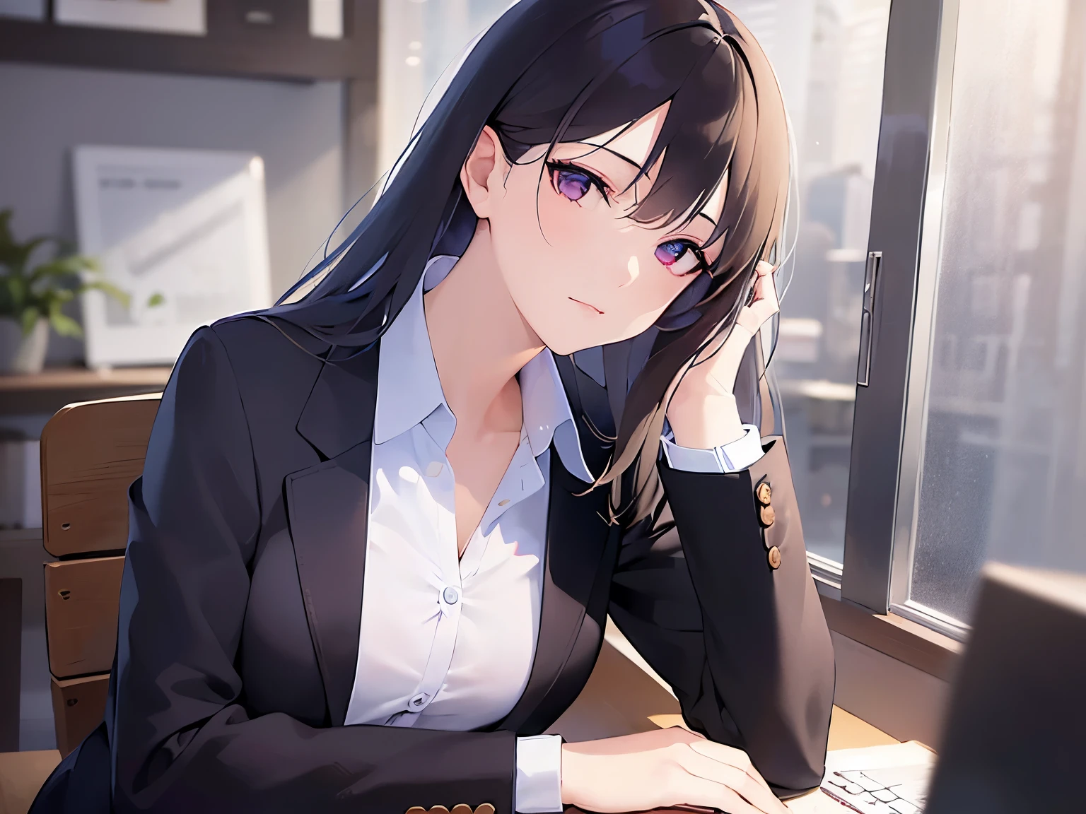 Upper Body, Realistic, real person, (pale skin: 1.2), RAW photo, photorealistic, portrait photography, shiny skin, japanese idol、shiny hair、(25 year old woman with straight medium hair with bangs) and (black hair) and (purple eyes) , Office Lady、(business suit:1.2) and (white collared shirt)、No expression, The background is an office、Alone、sitting、desk、computer