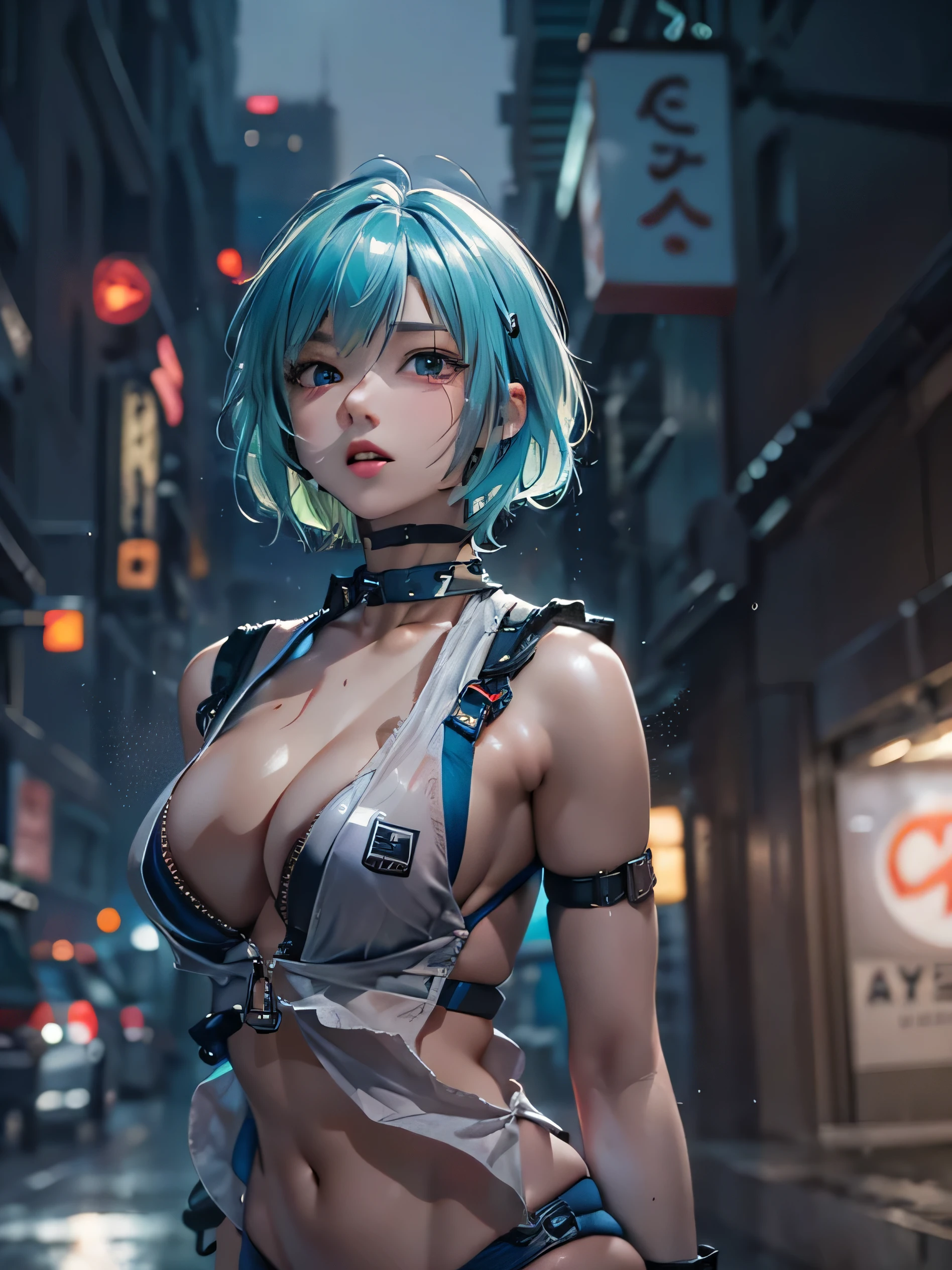 (photorealistic:1.8, highest quality:1.8,8K masterpiece:1.8,High resolution,muste piece:1.8,RAW Photos,cinematic lighting),
cyber punk、Back alley at night in the city、rain-soaked ground、vapor、
(1 android girl:1.3)、Completely naked、Heart-shaped nipples、bondage、choker、knee high tights、Nipple piercing、beautiful butt,beautiful thighs,plump nipples,Nipples are visible through the costume、(Rei Ayanami)(character focus)、
(short Hair:1.2,Beautiful shining blue lime hair:1.5)、
(elation:1.4)、Disdainful、
plump nipples、(cameltoe),No split screen,slender abs:1.2,(Young sensual gravure idol)