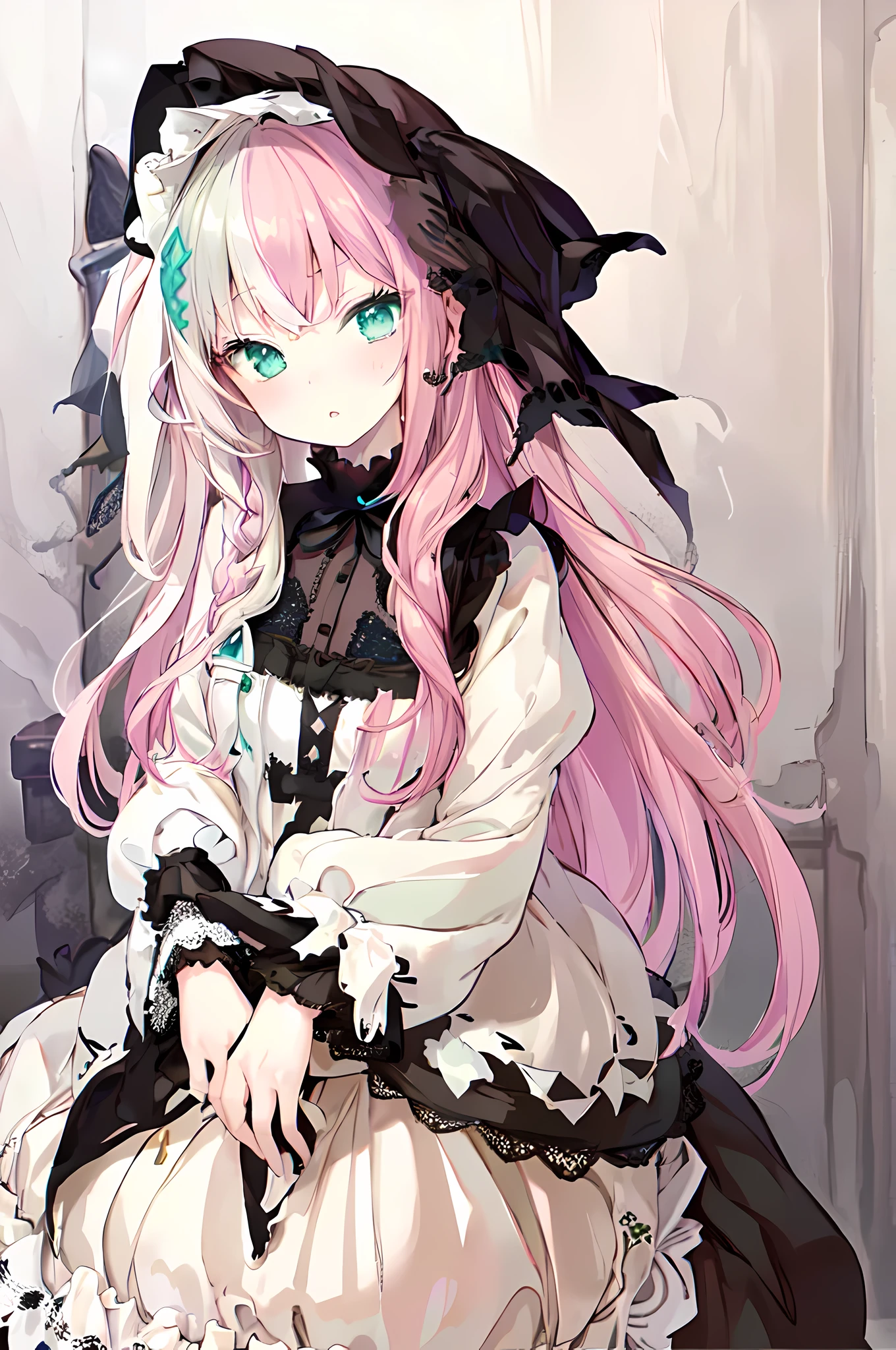 pastel gothic dressed girl, ((dark cream hair)), pale green eyes, pastel gothic ta dress, cream colored hair