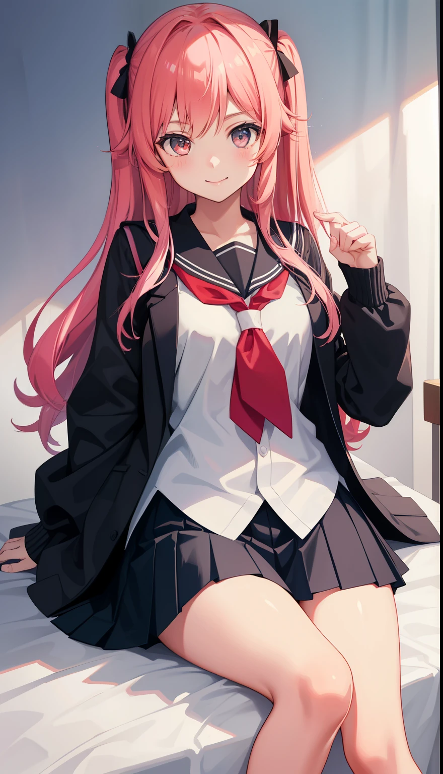 ((super high quality,Ultra-high resolution,16K,super masterpiece,Ultra HD,Ultra high definition,))One high school girl,White bunny ears,Very long straight purple hair,Slender body,sexly,(Black blazer,Fluffy white cutter shirt,popped Tight collar,Pink mini skirt,White socks,)Heavy breathing,blush,Provocative smile,View here,Put your hands on your head,Japanese-style room illuminated by the morning sun,Lying on the futon,Angle from the ceiling,