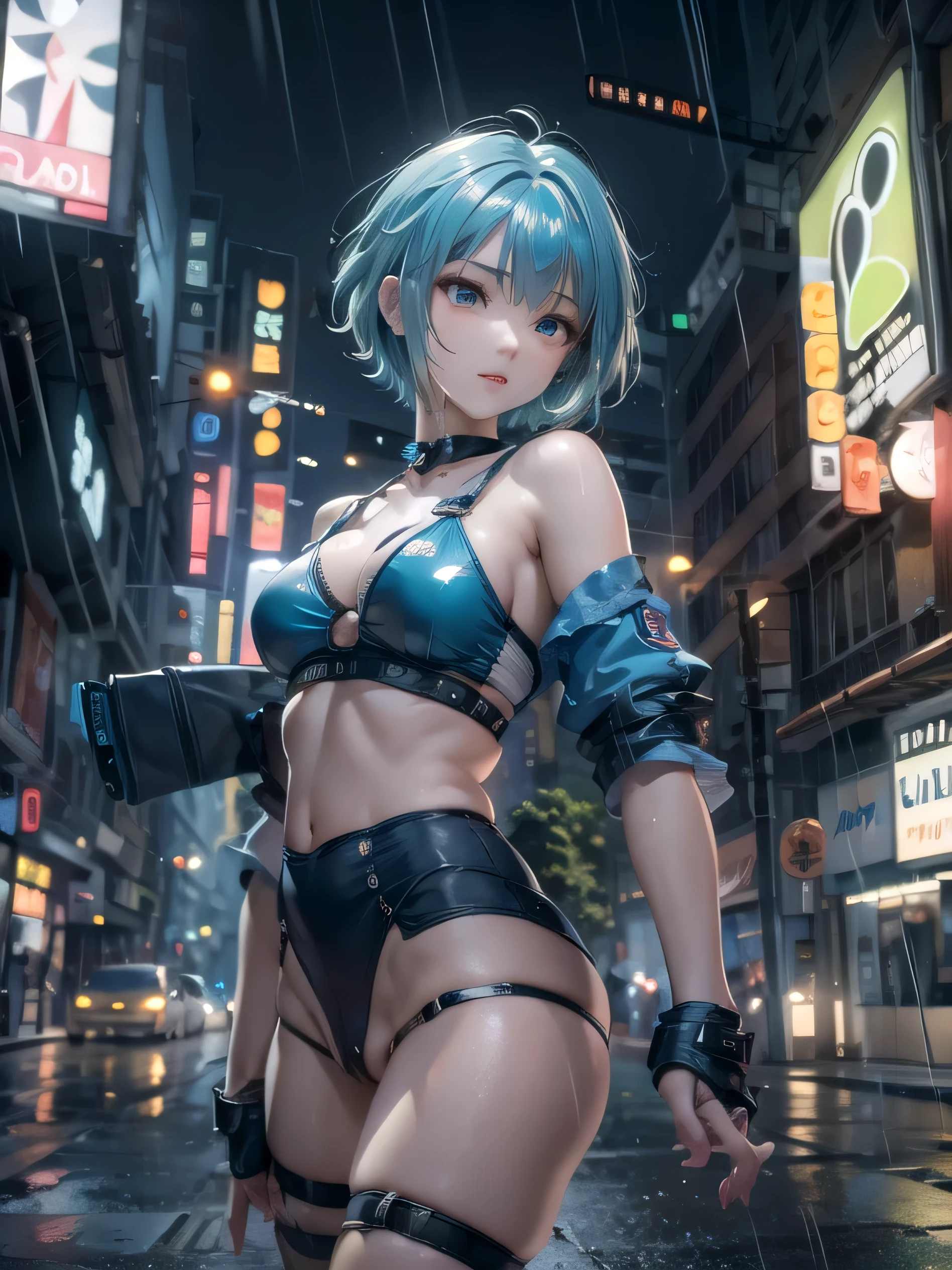 (photorealistic:1.8, highest quality:1.8,8K masterpiece:1.8,High resolution,muste piece:1.8,RAW Photos,cinematic lighting),
cyber punk、Back alley at night in the city、rain-soaked ground、vapor、
(1 android girl:1.3)、Completely naked、Heart-shaped nipples、bondage、choker、knee high tights、Nipple piercing、beautiful butt,beautiful thighs,plump nipples,Nipples are visible through the costume、(Rei Ayanami)(character focus)、
(short Hair:1.2,Beautiful shining blue lime hair:1.5)、
(elation:1.4)、Disdainful、
plump nipples、(cameltoe),No split screen,slender abs:1.2,(Young sensual gravure idol)