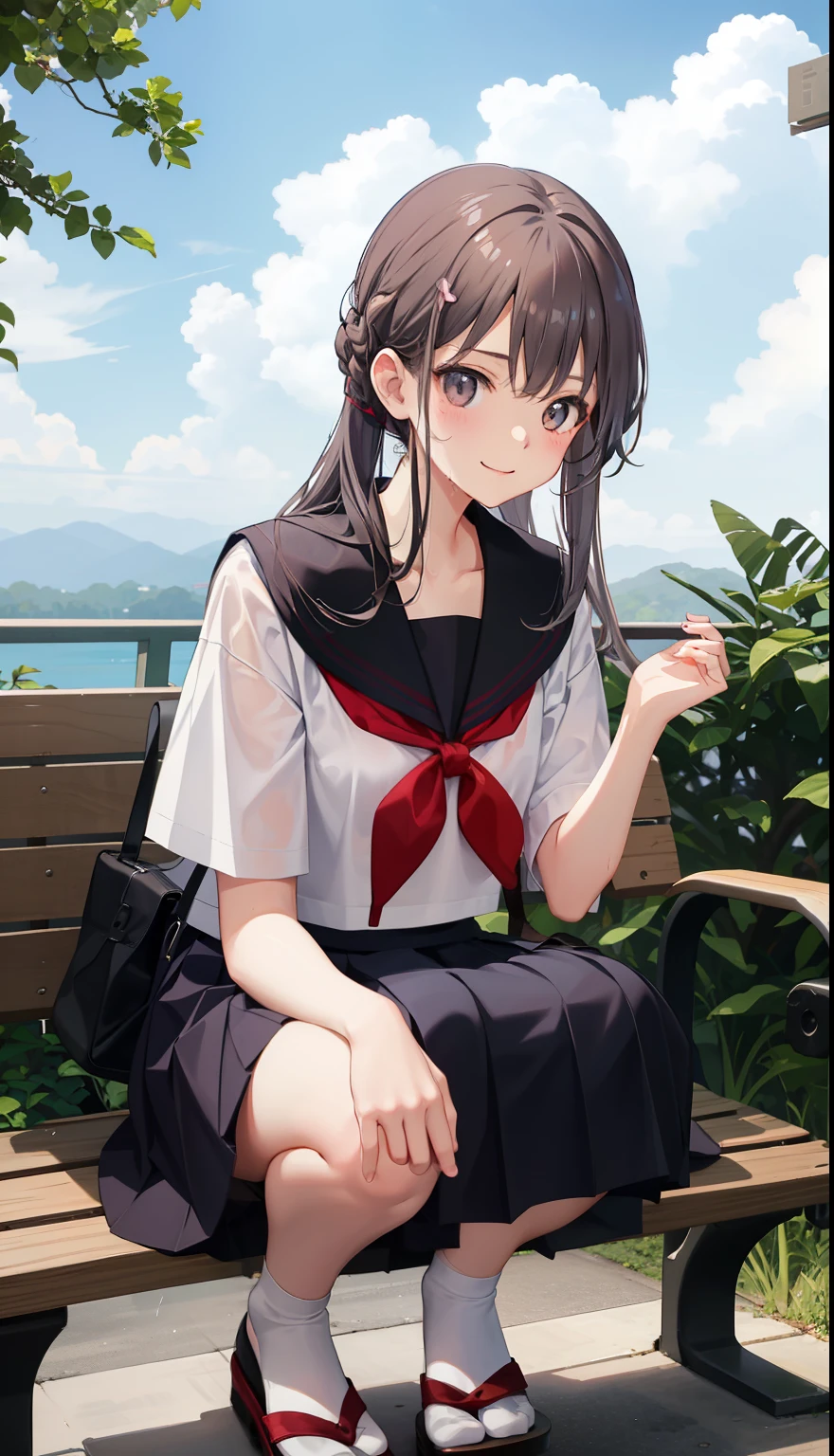 1 girl、smile、shirt、skirt、（）i play、Japanese high 、serafuku、summer clothes、soaking wet uniform、（small breasts）、upper body portrait、gray hair、squatting bench、