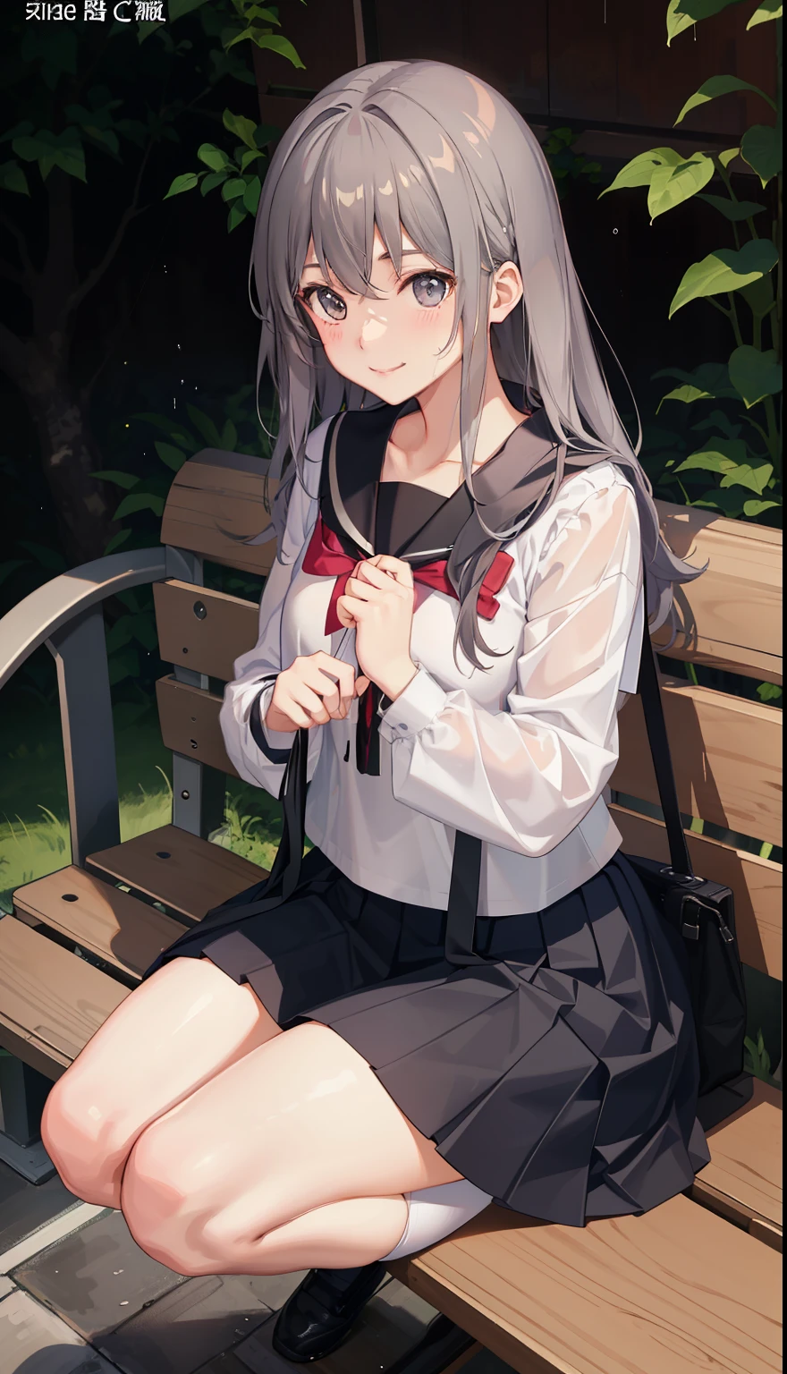 1 girl、smile、shirt、skirt、（）i play、Japanese high 、serafuku、summer clothes、soaking wet uniform、（small breasts）、upper body portrait、gray hair、squatting bench、