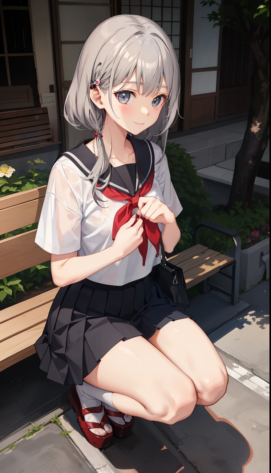 1 girl、smile、shirt、skirt、()i play、Japanese high 、serafuku、summer clothes、soaking wet uniform、(small breasts)、upper body portrait、gray hair、squatting bench、