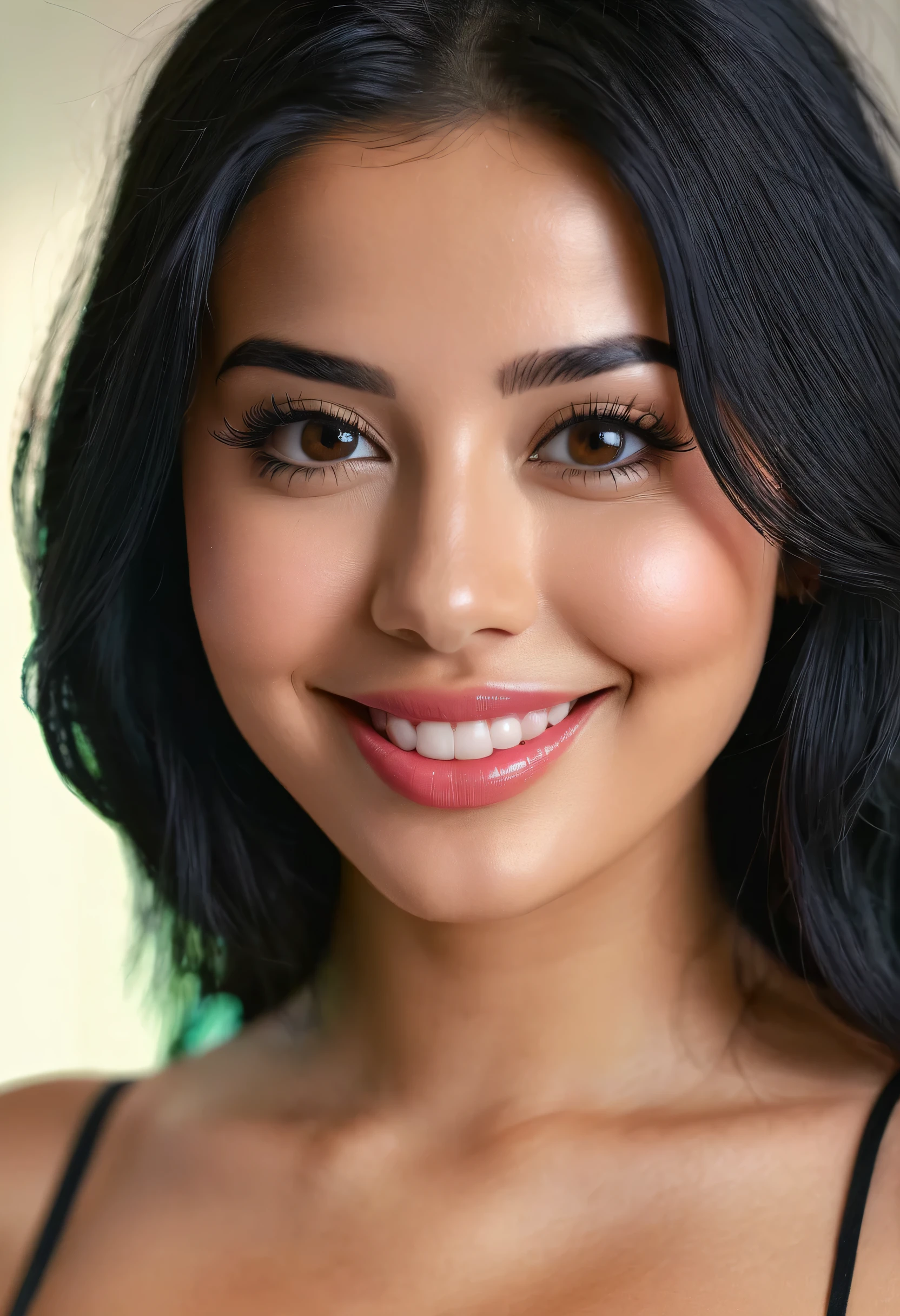 A beautiful young 28 years old girl unmarried, but having sexy curves she’s having dimples on her cheeks. She’s looking at the camera and smiling. She’s having long black hair. Her black eyes are seductive. Also, her lips are seduced. The background of the images is vibrant and cool the realistic image. Full body image. She’s having 36 – 30–38 figure