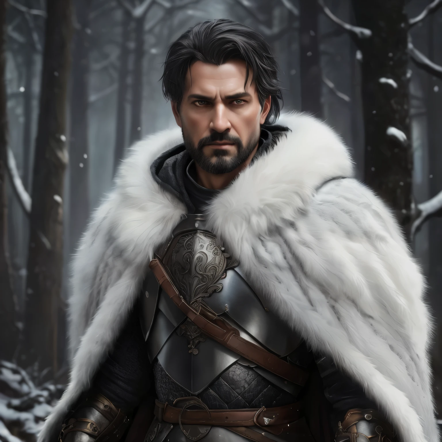 Renaissance style, UHD, perfect composition, ((Extremely realistic)) ((Extremely detailed)) ((anatomically correct)) full body portrait of a (stoic) 41-year-old man with an (oval face) and (((short grey and black hair))), (((splint armor))) with (((long white bear cloak))), (hazel eyes), ((utility sword belt)), (((action pose))), snowy forest, greg rutkowski, Robert Oxley, concept art, vfx, intricate, high detail, 8k resolution, hyperrealistic, chiaroscuro, full body shot, complex, textured, trending on /r/art, anatomically correct, octane render, fantasy, medieval, very beautiful, atmospheric perspective, hard lighting, epic, powerful, rule of thirds, -ar 16:9, -stylize 60000, -quality 5, Detailed face, photorealistic