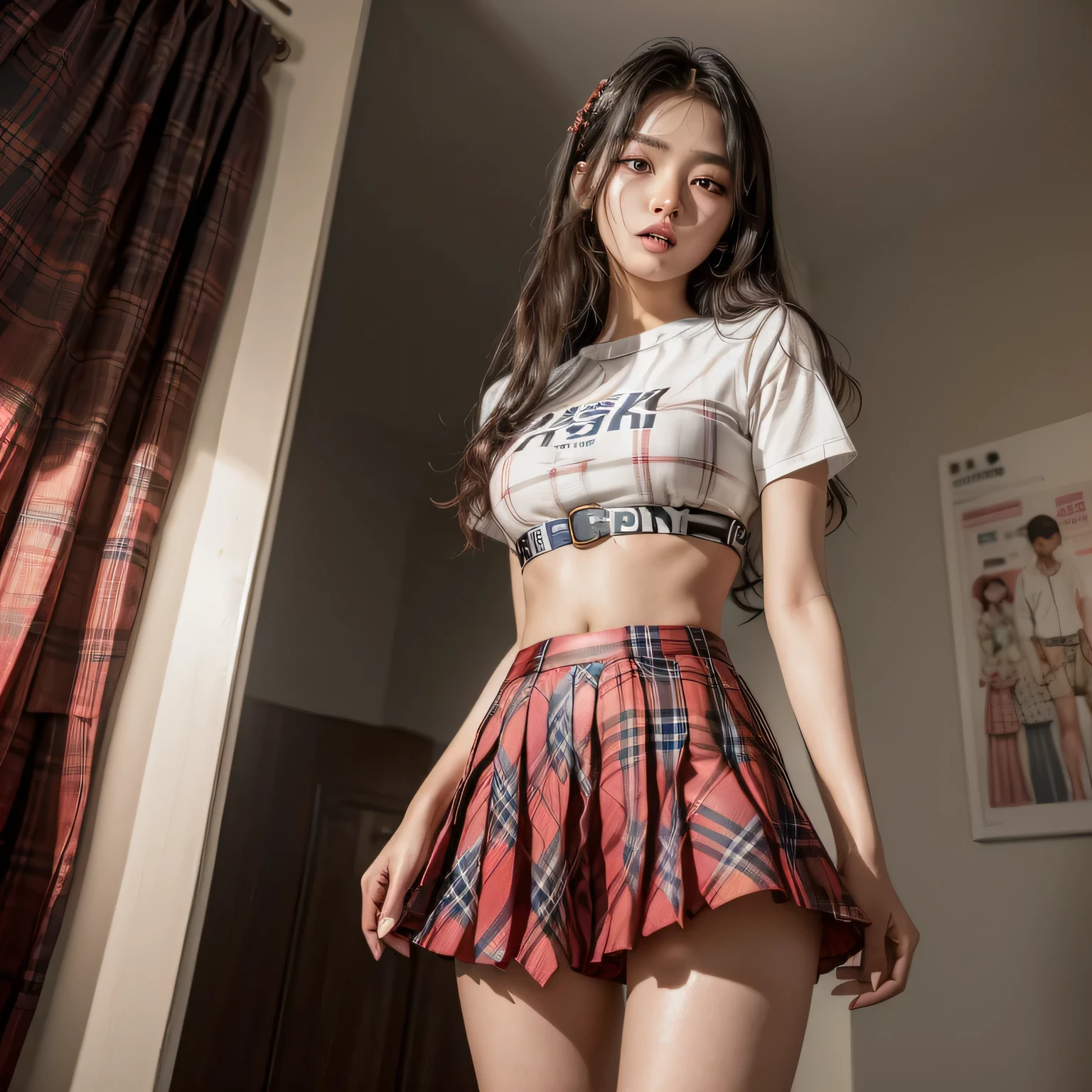 A 21-year-old Korean girl with Indian features ,usando uma, (( Formal Y2K Plaid Metallic Buckle Pleated Midi Skirt with Red Safety Shorts , com calcinha Sexy Renda,Ultra HD 8k in high definition, obra de arte, traga-me uma foto perfeita perfeita,Wedding Night,Vulgar,Devassa