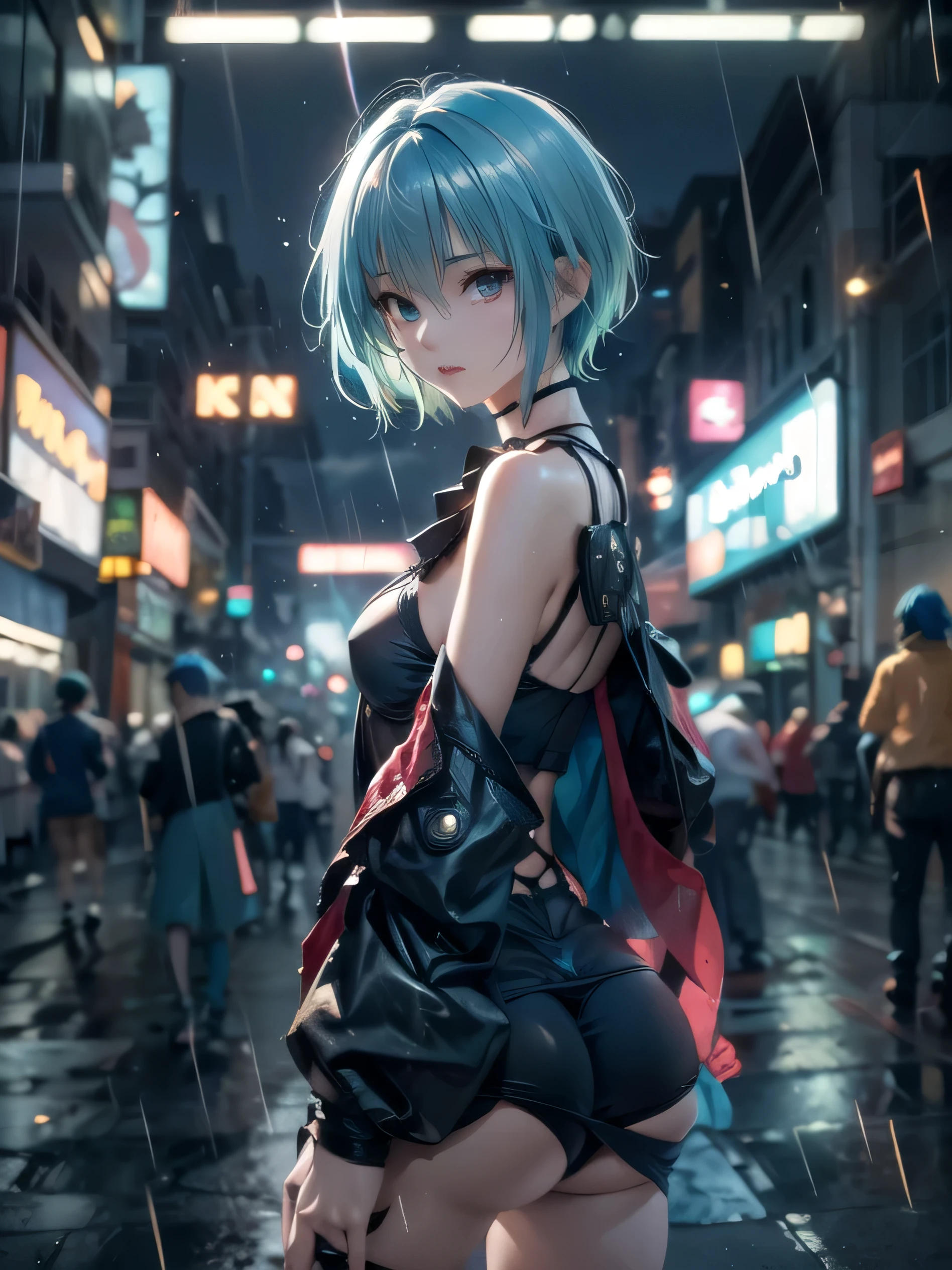 (photorealistic:1.8, highest quality:1.8,8K masterpiece:1.8,High resolution,muste piece:1.8,RAW Photos,cinematic lighting),
cyber punk、Back alley at night in the city、rain-soaked ground、vapor、
 (1 android girl:1.3)、Completely naked、Heart-shaped nipples、bondage、choker、knee high tights、Nipple piercing、beautiful butt,beautiful thighs,plump nipples,Nipples are visible through the costume、(Rei Ayanami)(character focus)、
(short Hair:1.2,Beautiful shining blue lime hair:1.5)、
（elation：1.4）、Disdainful、
plump nipples、(cameltoe),No split screen,slender abs:1.2,(Young sensual gravure idol)