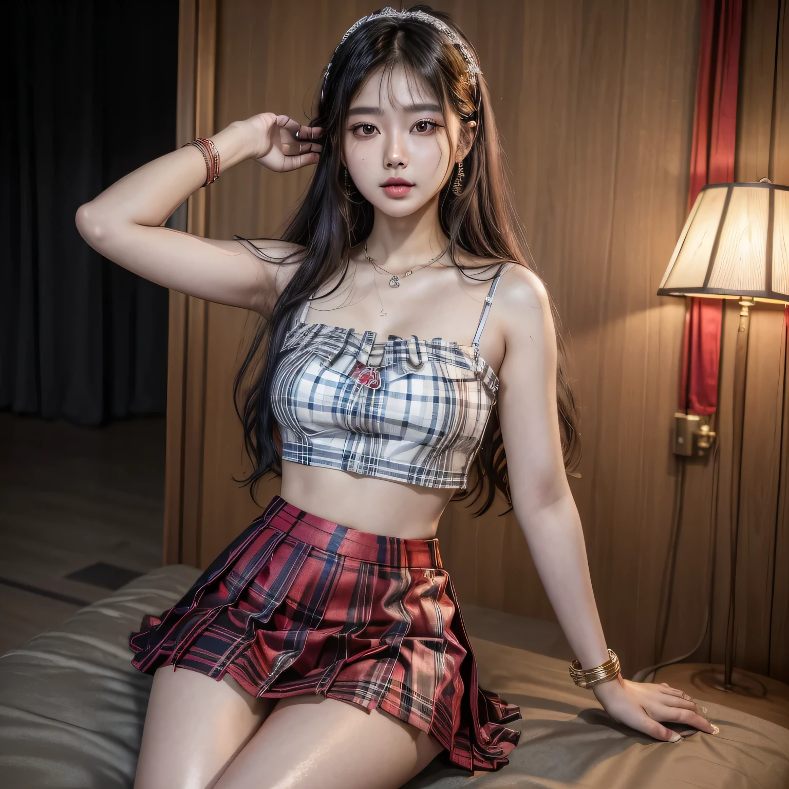 ((Midnight, Best quality, 8k, Masterpiece :1.3)), Whole body, Long legs, Sharp focus :1.2, A pretty 18 years woman with perfect figure :1.4, Slender abs :1.1, wearing miniskirt, long pinkhair, ((Dark brown hair, Big breasts :1.2)),