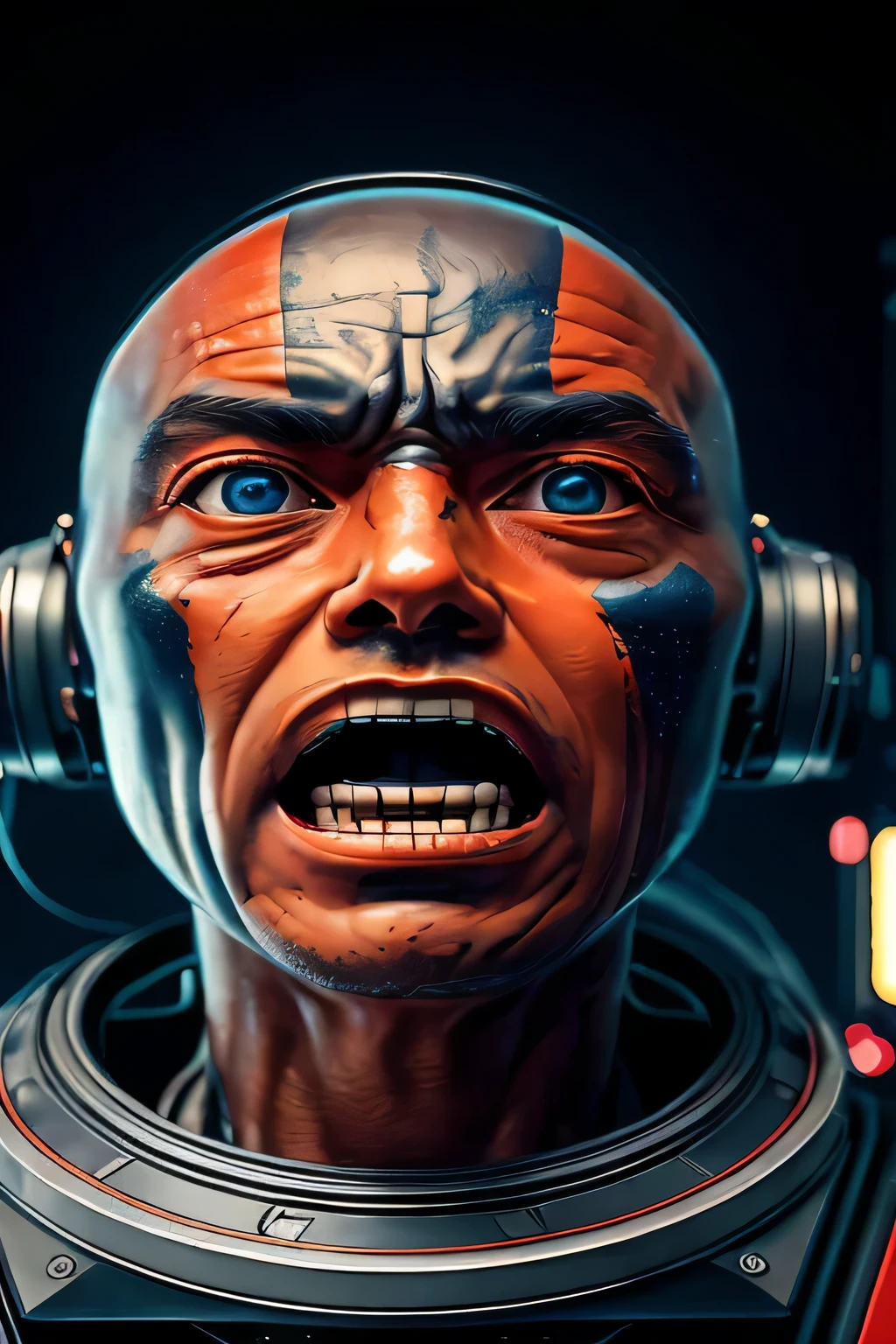 um close de um homem com fones de ouvido e um microfone, jeito cyberpunk, retrato ciborgue, detailed Retrato de um ciborgue, cyber faces, estilo hiper-realista ciberpunk, simetria!! retrato de ciborgue, Greg Beeple, estilo ciberpunk ， hiperrealista, Retrato de um ciborgue, sci-fi face, sci - cara de fi, retrato de ciborgue