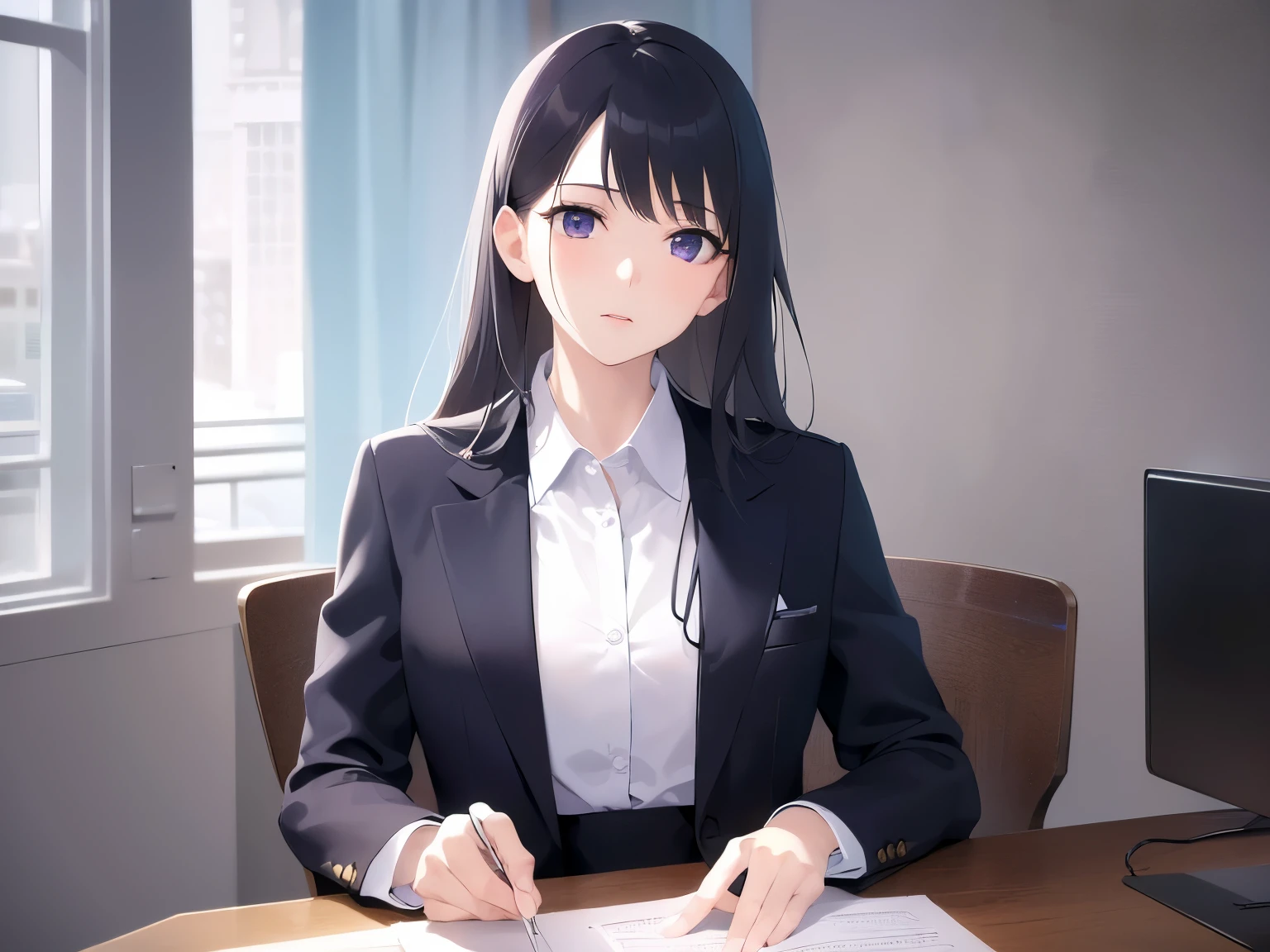 (looking away:1.5)、Upper Body, Realistic, real person, (pale skin: 1.2), RAW photo, photorealistic, portrait photography, shiny skin, japanese idol、shiny hair、(25 year old woman with straight medium hair with bangs) and (black hair) and (purple eyes) , (business suit:1.2) and (white collared shirt)、No expression, The background is an office、Alone、sitting、desk、computer