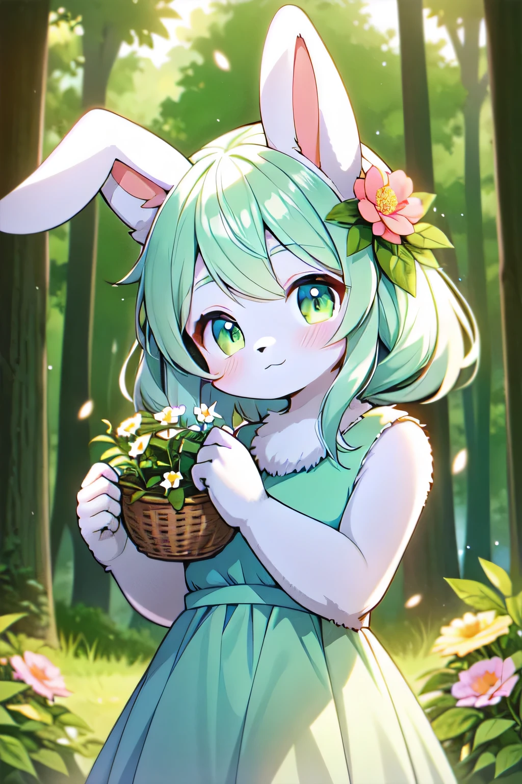 cute rabbit furry girl,furry female,rabbit ears,green hair, green dress,sleeveless, white skin,in forest,looking at viewer,smile,closed mouth,flowers,slightly above,