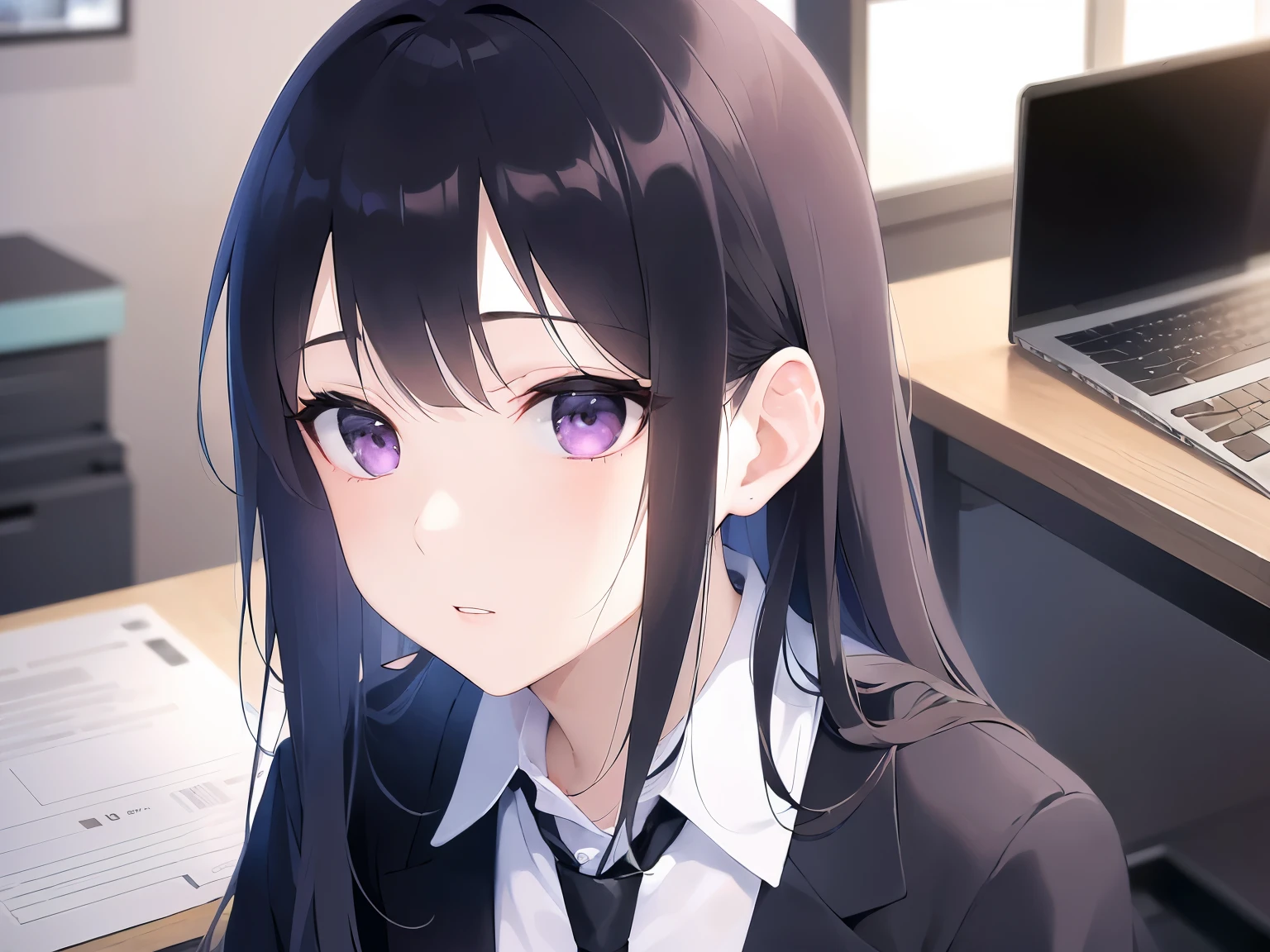 (looking away:1.5)、Upper Body, Realistic, real person, (pale skin: 1.2), RAW photo, photorealistic, portrait photography, shiny skin, japanese idol、shiny hair、(25 year old woman with straight medium hair with bangs) and (black hair) and (purple eyes) , (business suit:1.2) and (white collared shirt)、No expression, The background is an office、Alone、sitting、desk、computer