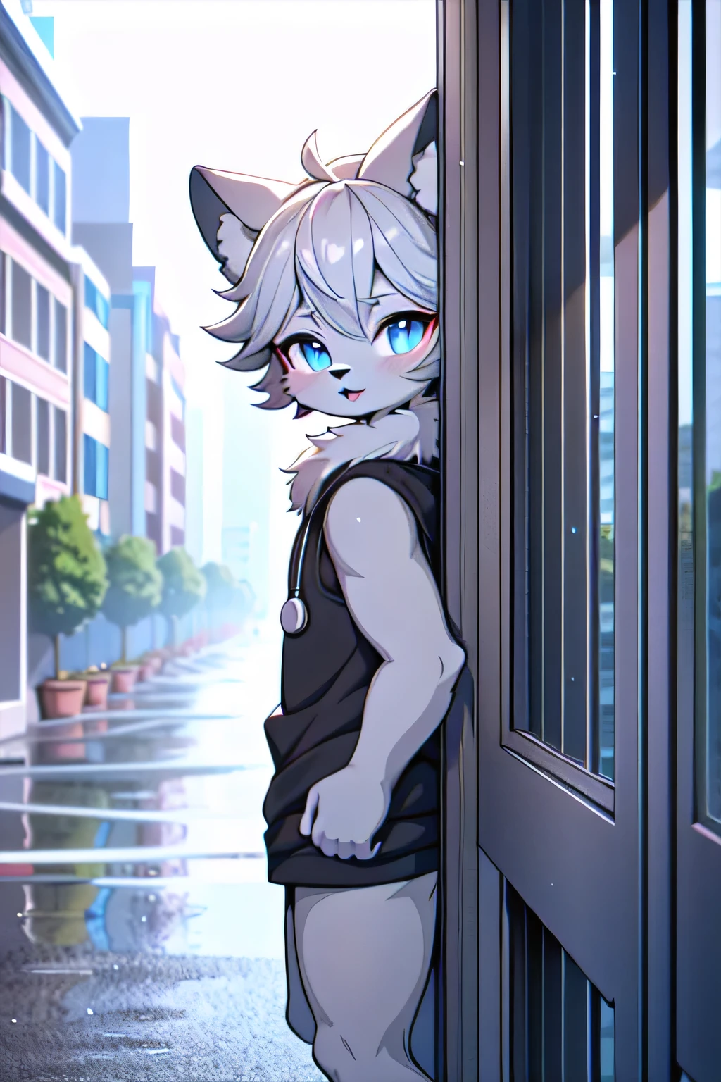 anthro boy cat, long hair, cat tail, solo, furry, furry boy, (girly, young, gray fur, gray body, blue eyes, gray hair:1.2), (panties, t-short, black clothes), (detailed background, window, room, day, summer, storm, street, rain, gray background), pose