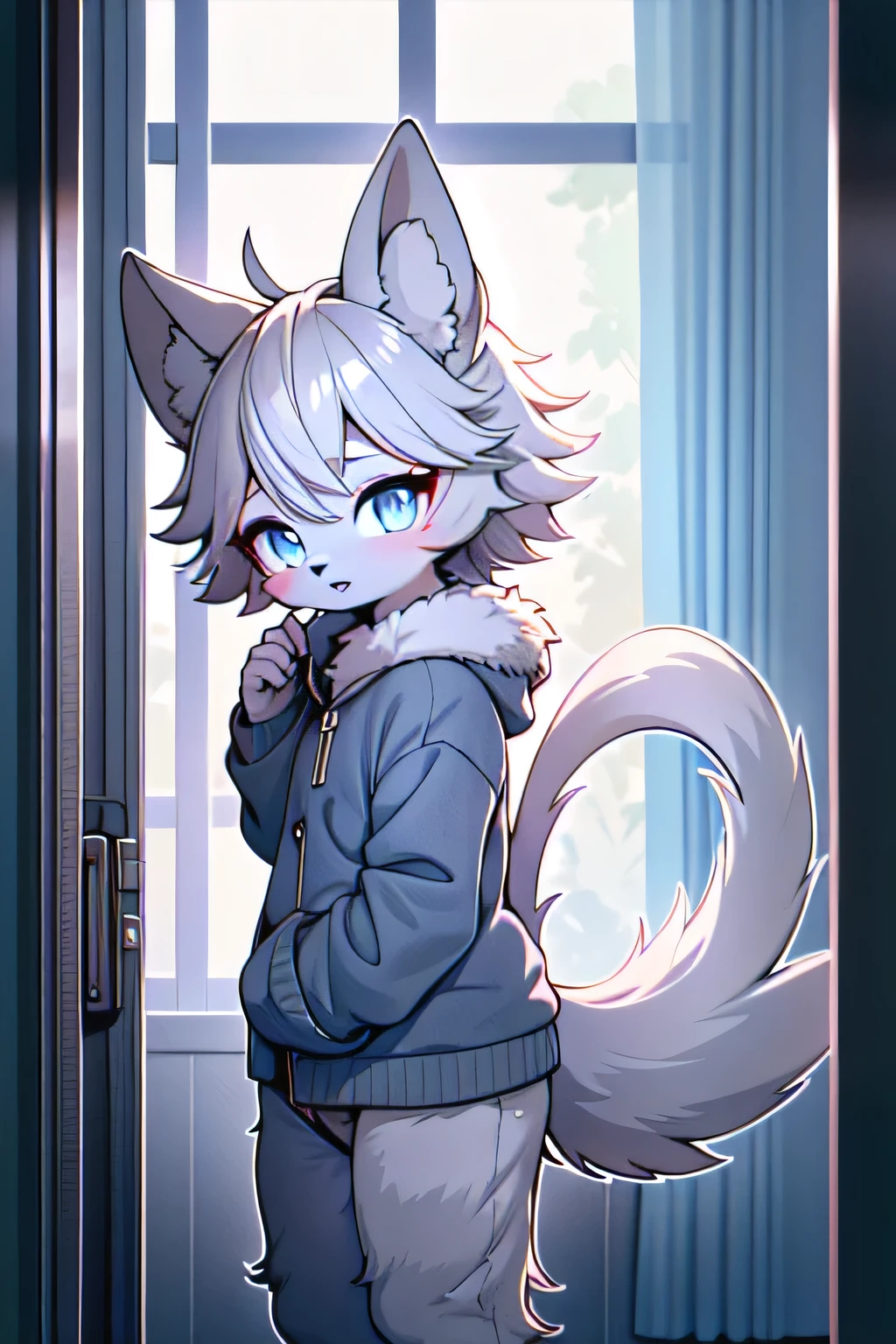 anthro boy cat, long hair, cat tail, solo, furry, furry boy, (girly, young, gray fur, gray body, blue eyes, gray hair:1.2), (panties, t-short, black clothes), (detailed background, window, room, day, summer, storm, street, rain, gray background), pose