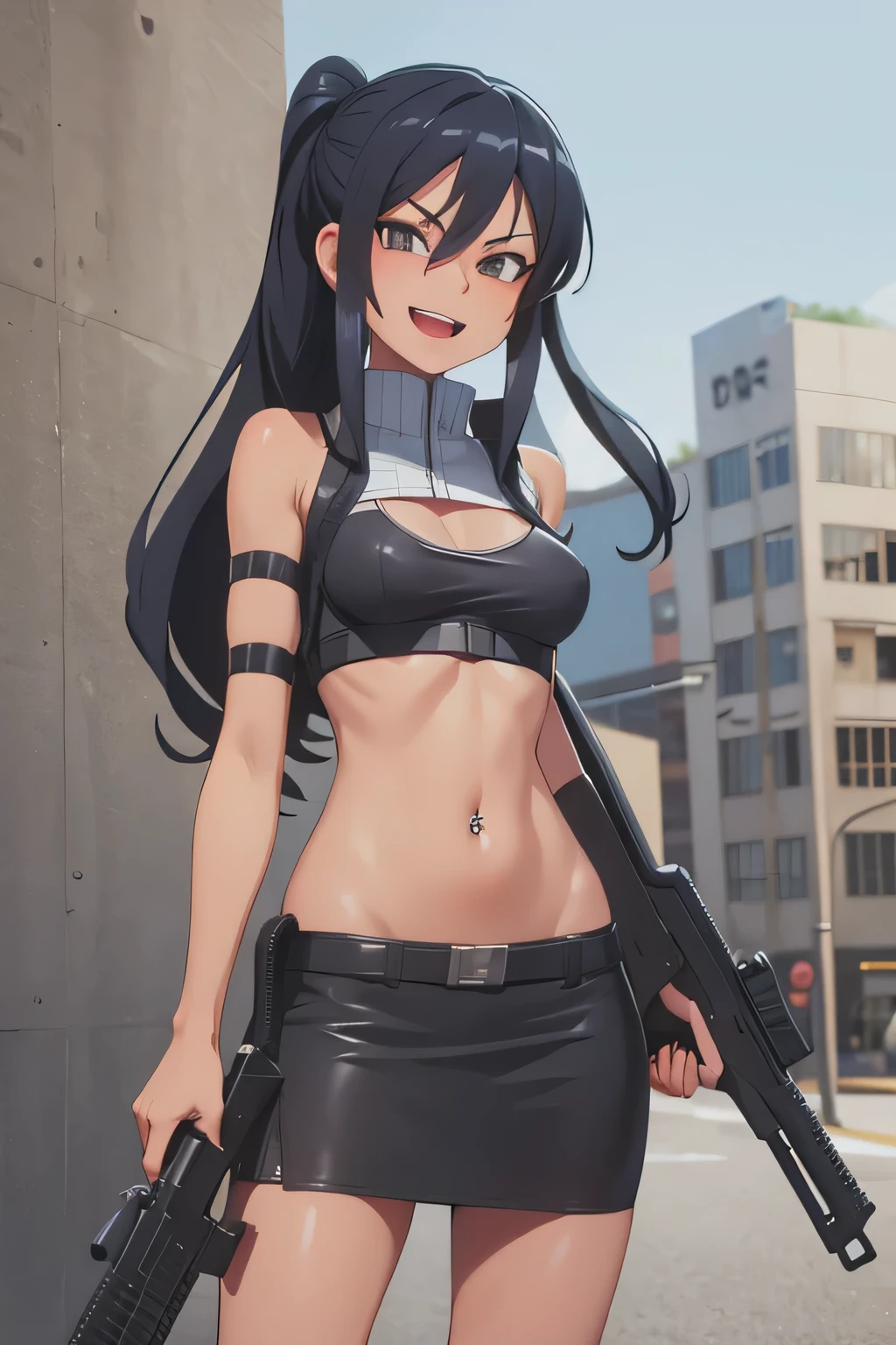 Pitohui_Elza, crazy smirk, masterpiece, best quality, highly detailed, a girls with a gun, open mouth, blazer, sexy gaze, (nsfw) not
safe for work, badass pose , evil smile, smile, black bra, anime girl with long hair, long haired girl,
navel, evil expression, exposed belly, exposed navel, exposed midriff, exposed lower belly, micro
miniskirt, micro pencil skirt, pencil skirt ,holding a gun, outdoor,street,road, navel piercing