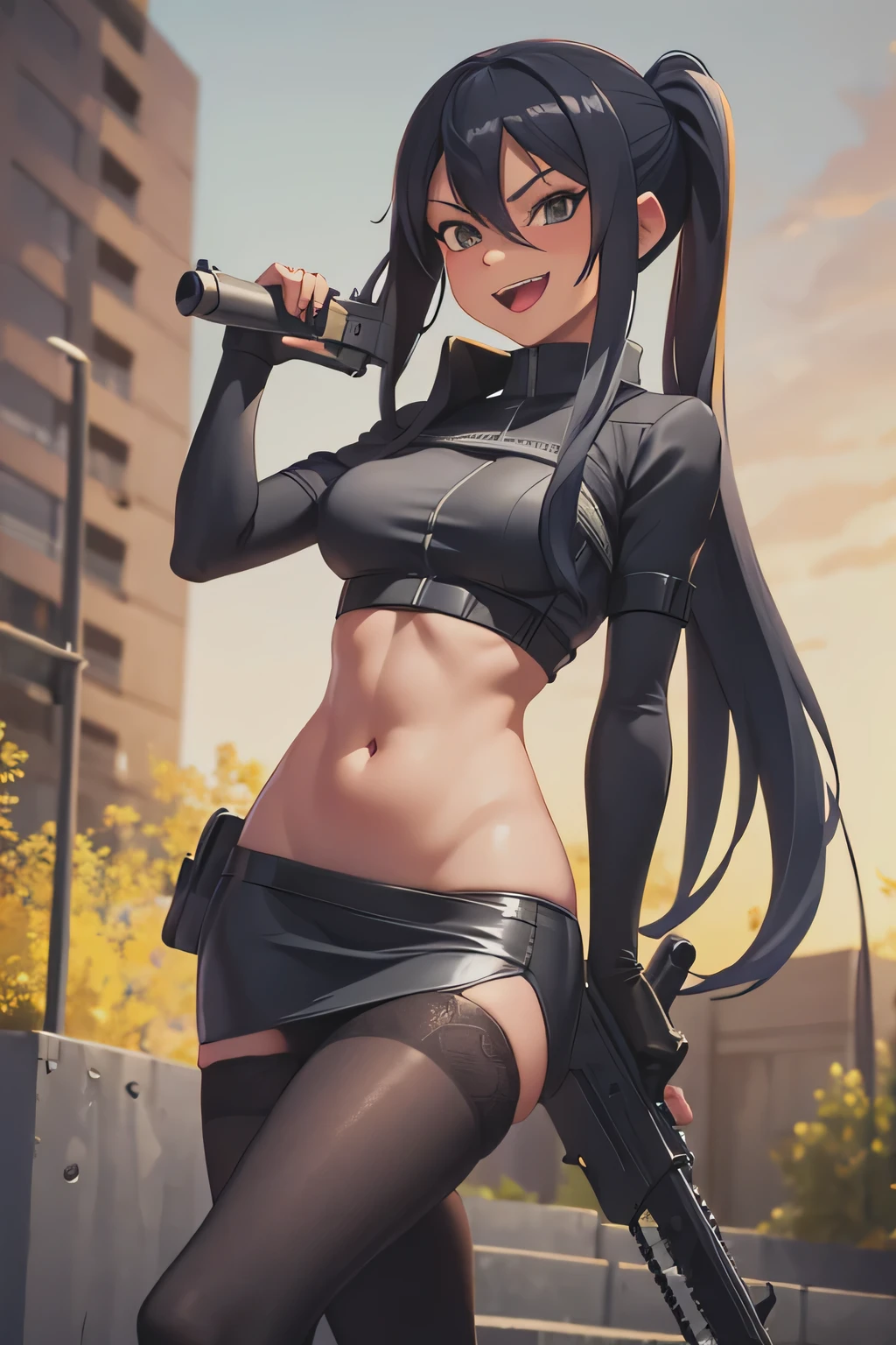 Pitohui_Elza, crazy smirk, masterpiece, best quality, highly detailed, a girls with a gun, open mouth, blazer, sexy gaze, (nsfw) not
safe for work, badass pose , evil smile, smile, black bra, anime girl with long hair, long haired girl,
navel, evil expression, exposed belly, exposed navel, exposed midriff, exposed lower belly, micro
miniskirt, micro pencil skirt, pencil skirt ,holding a gun, outdoor,street,road, navel piercing