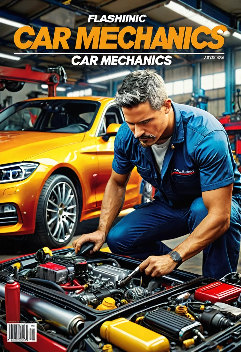 ((create a magazine cover with title and text about car mechanics:1.5)), epic:1.4, ((flashy and colorful cover:1.5)), ((Imaginative scene)), ((title on cover, (mechanics automotive:1.5))),((highly detailed: 1.4), ((Masterpiece)), (Hyper-detailed and beautiful: 1.3), (Photorealistic: 1.4), 8k.