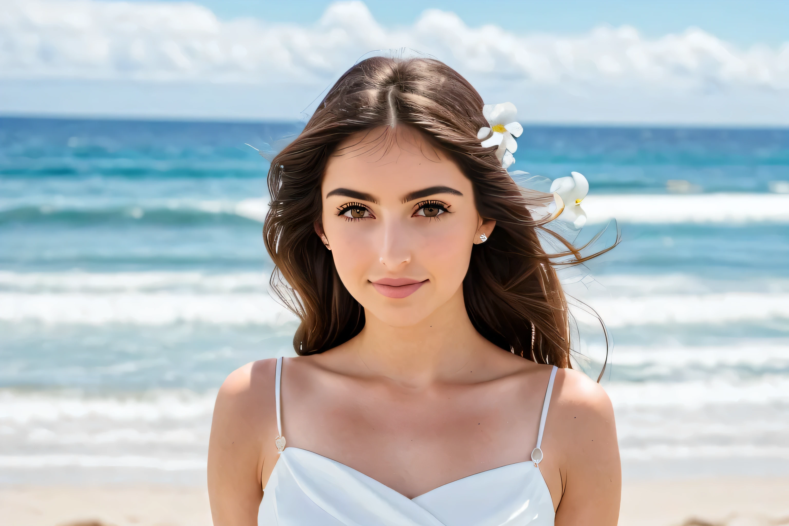 there is a woman in a white bikini posing on the beach, posing on a beach with the ocean, wearing a white bikini, wearing a floral crown, wearing a flower headpiece, white flower crown, lotus floral crown girl, beautiful jewish woman, posing on the beach, a beautiful woman in white, photo of a beautiful woman, gorgeous woman