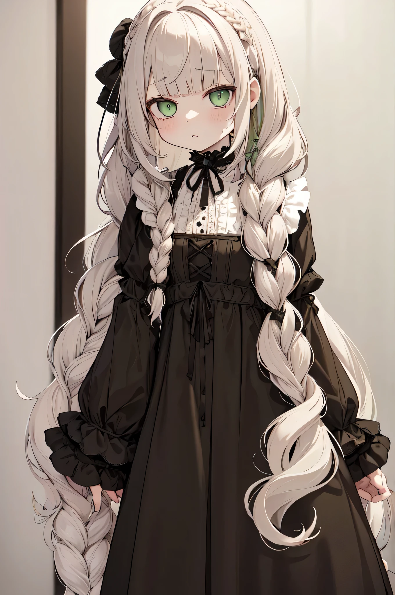 pastel gothic dressed girl, ((dark cream hair)), (((obscenely long hair))), ((curly hair)), ((braided bangs)), ((long back braid)), pale green eyes, pastel green gothic lolita dress, cream colored hair
