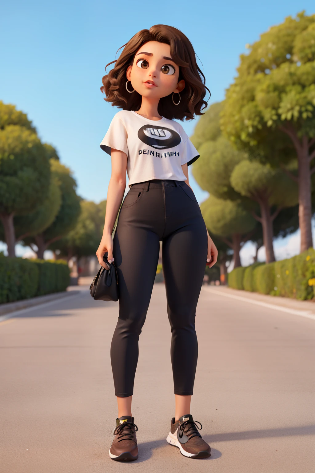 Um mulher morena baixinha tenho 1,58 tall, has short dark brown curly hair, has light brown eyes, is wearing a black t-shirt, Black pants, black Nike sneakers, silver Disney Pixar hoop earring a beautiful sky day
