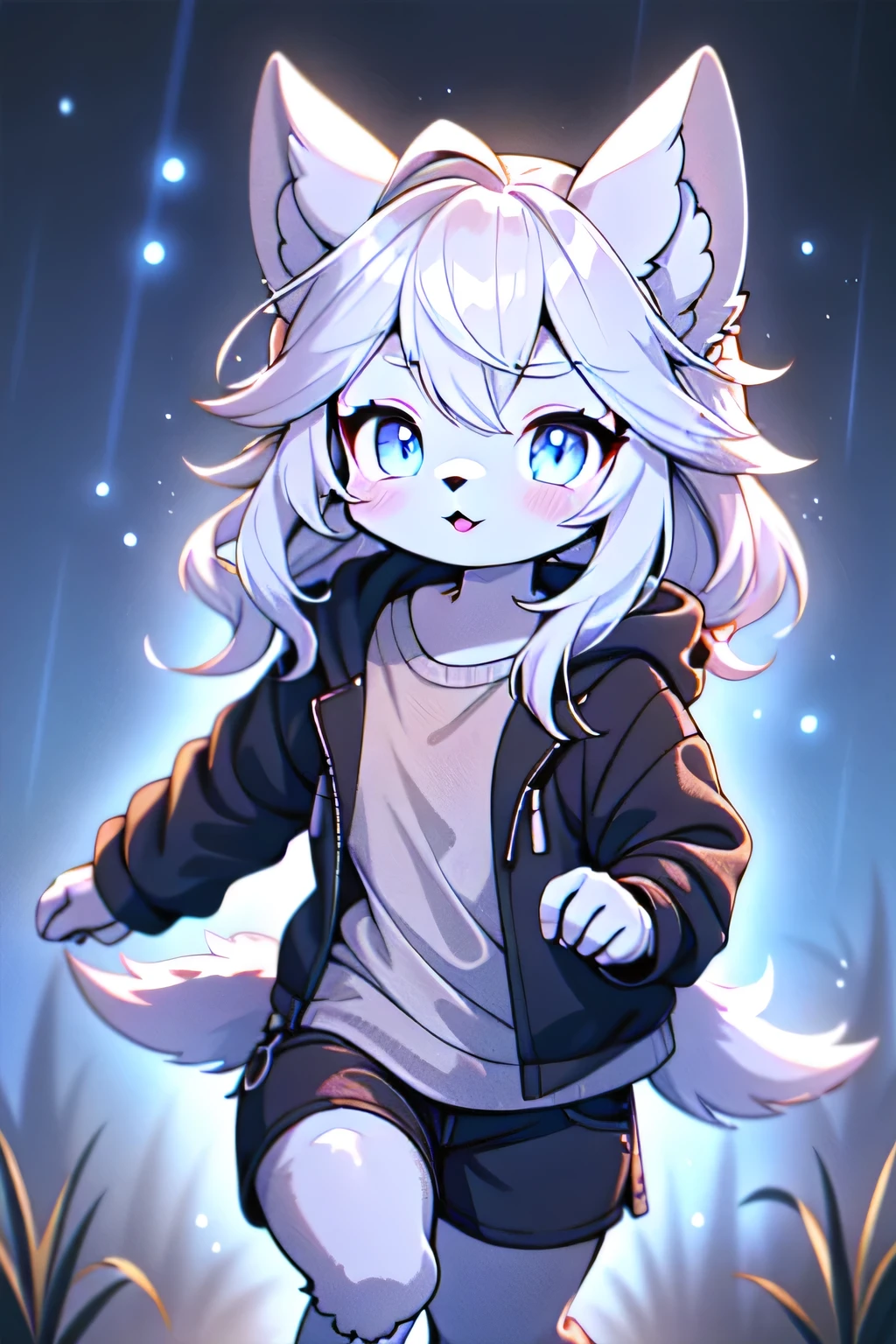anthro boy cat, long hair, cat tail, solo, furry, furry boy, (girly, young, gray fur, gray body, blue eyes, gray hair:1.2), (black shorts, t-short, jacket, black clothes), (detailed background, cornfield, wind, day, summer, storm, rain, gray background), pose, hand on leg